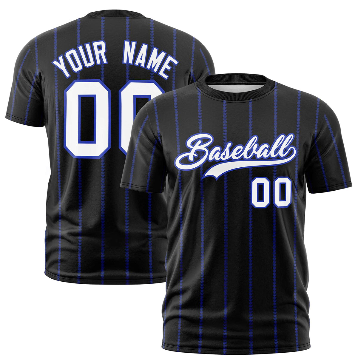 Custom Black Royal Blue Personalized Vertical Stripe Pattern Performance T-Shirt