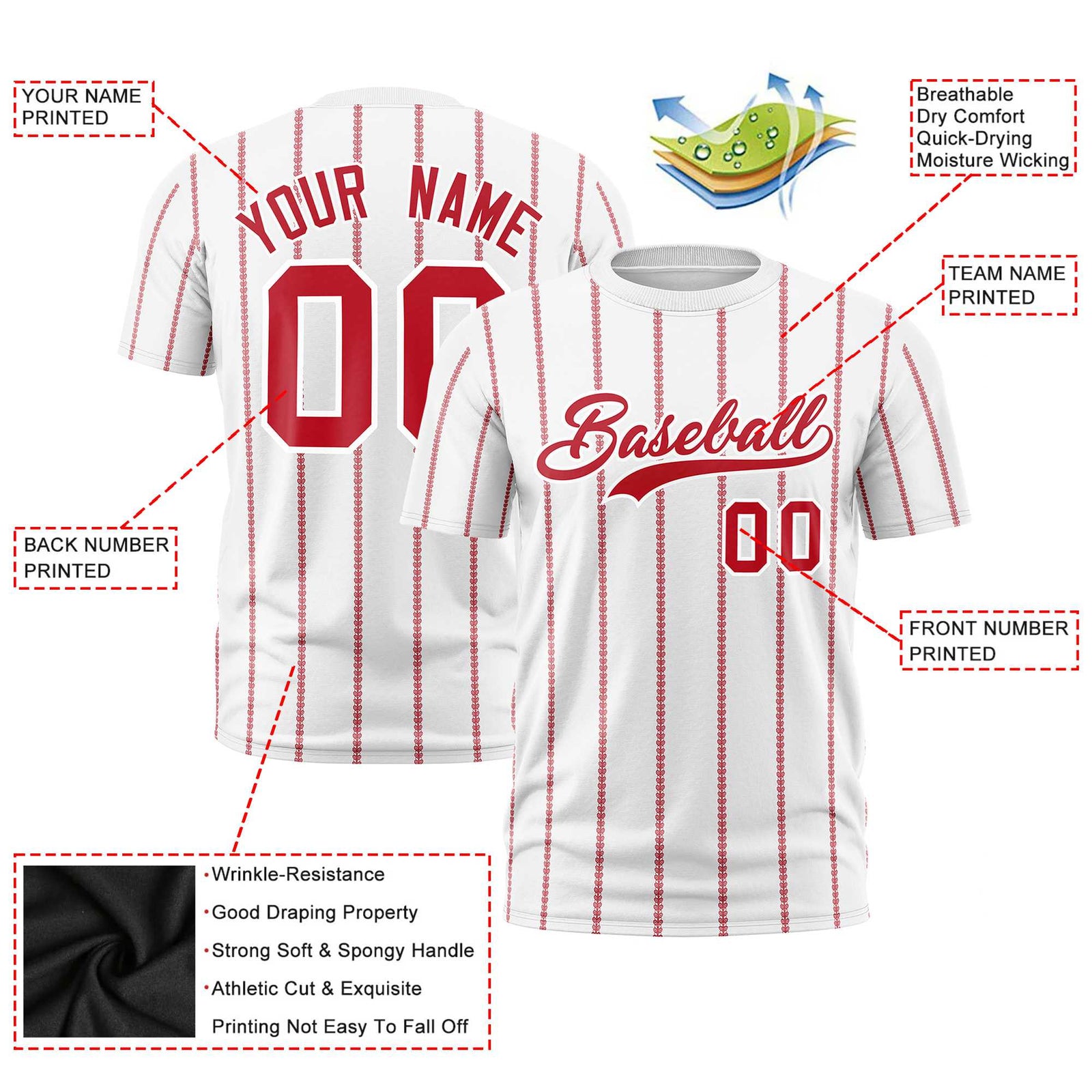 Custom White Red Personalized Vertical Stripe Pattern Performance T-Shirt