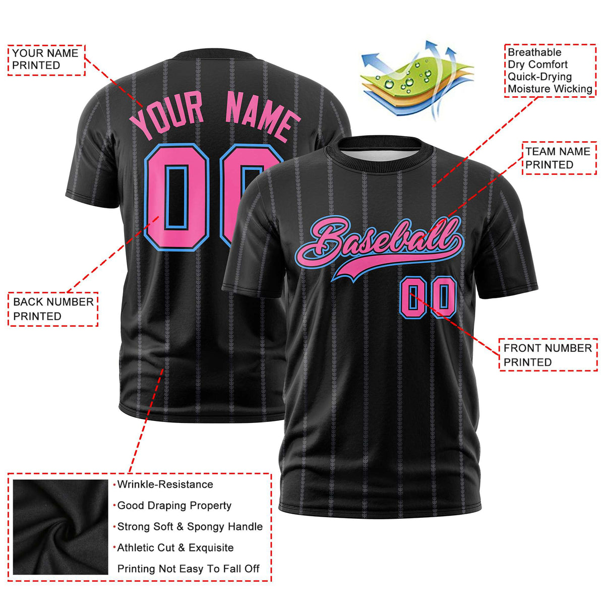 Custom Black Pink Personalized Vertical Stripe Pattern Performance T-Shirt