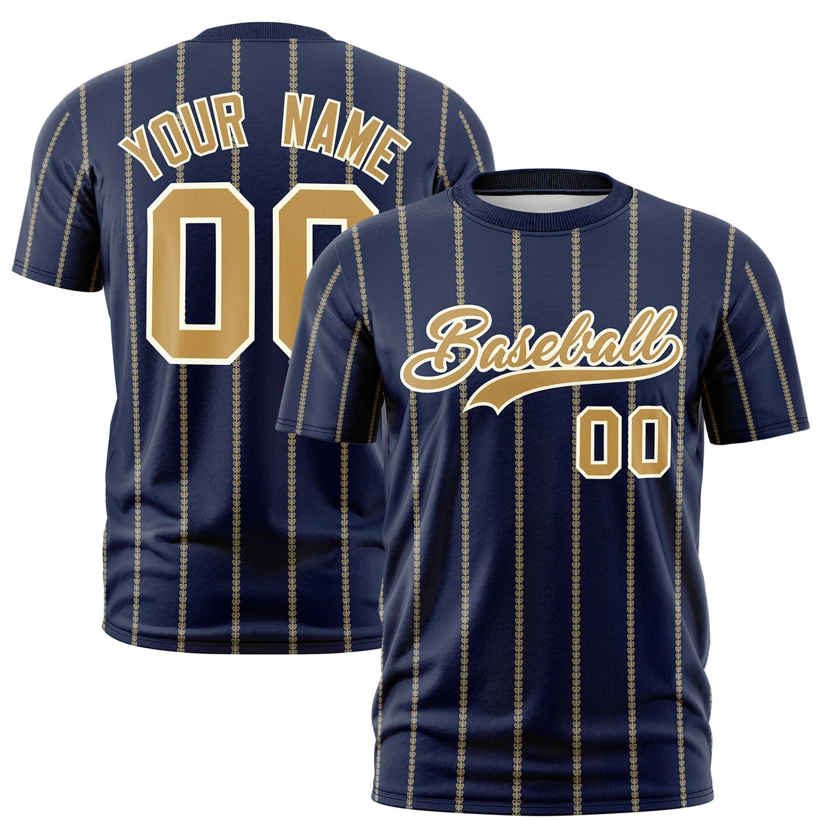 Custom Navy Old Gold Personalized Vertical Stripe Pattern Performance T-Shirt