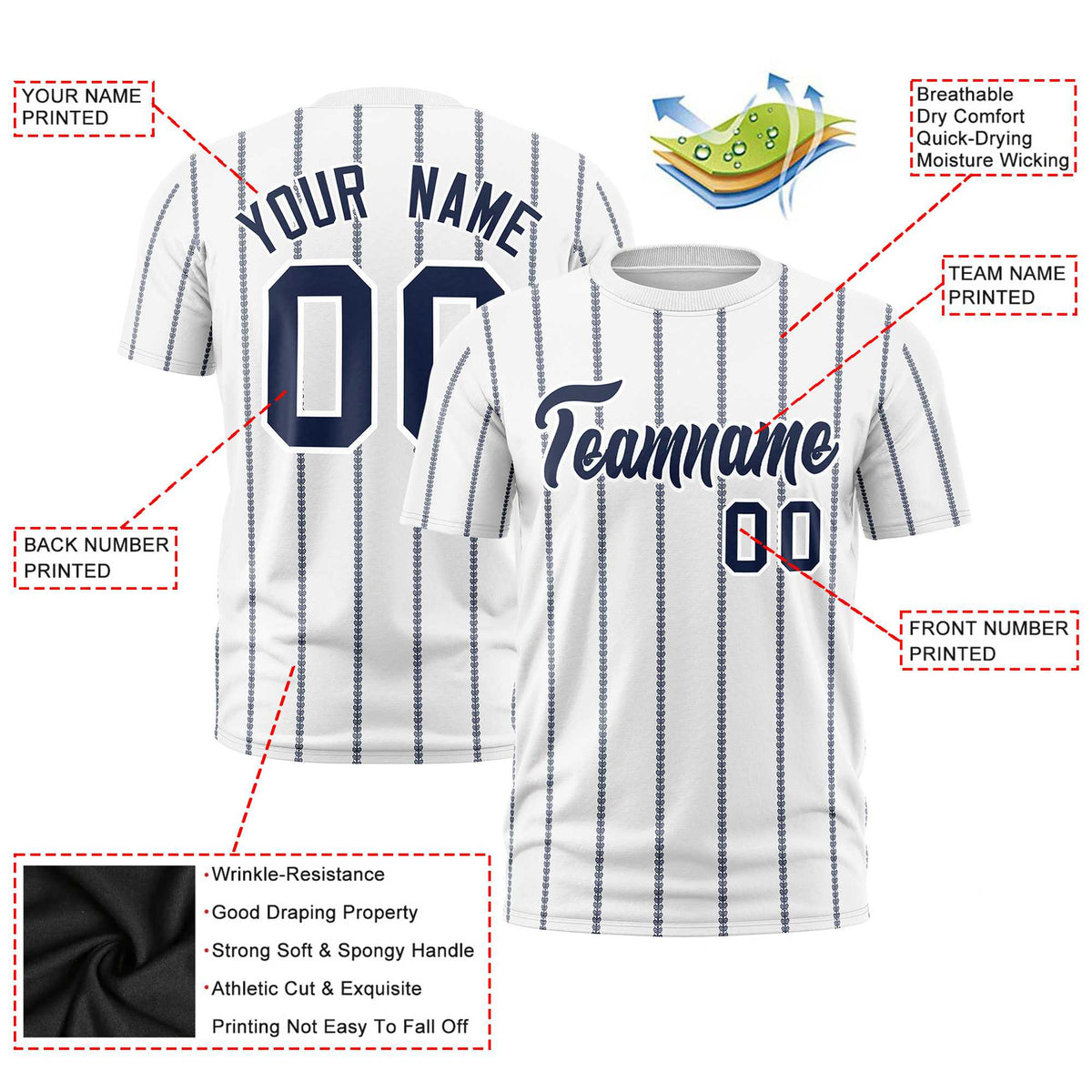 Custom White Navy Personalized Vertical Stripe Pattern Performance T-Shirt