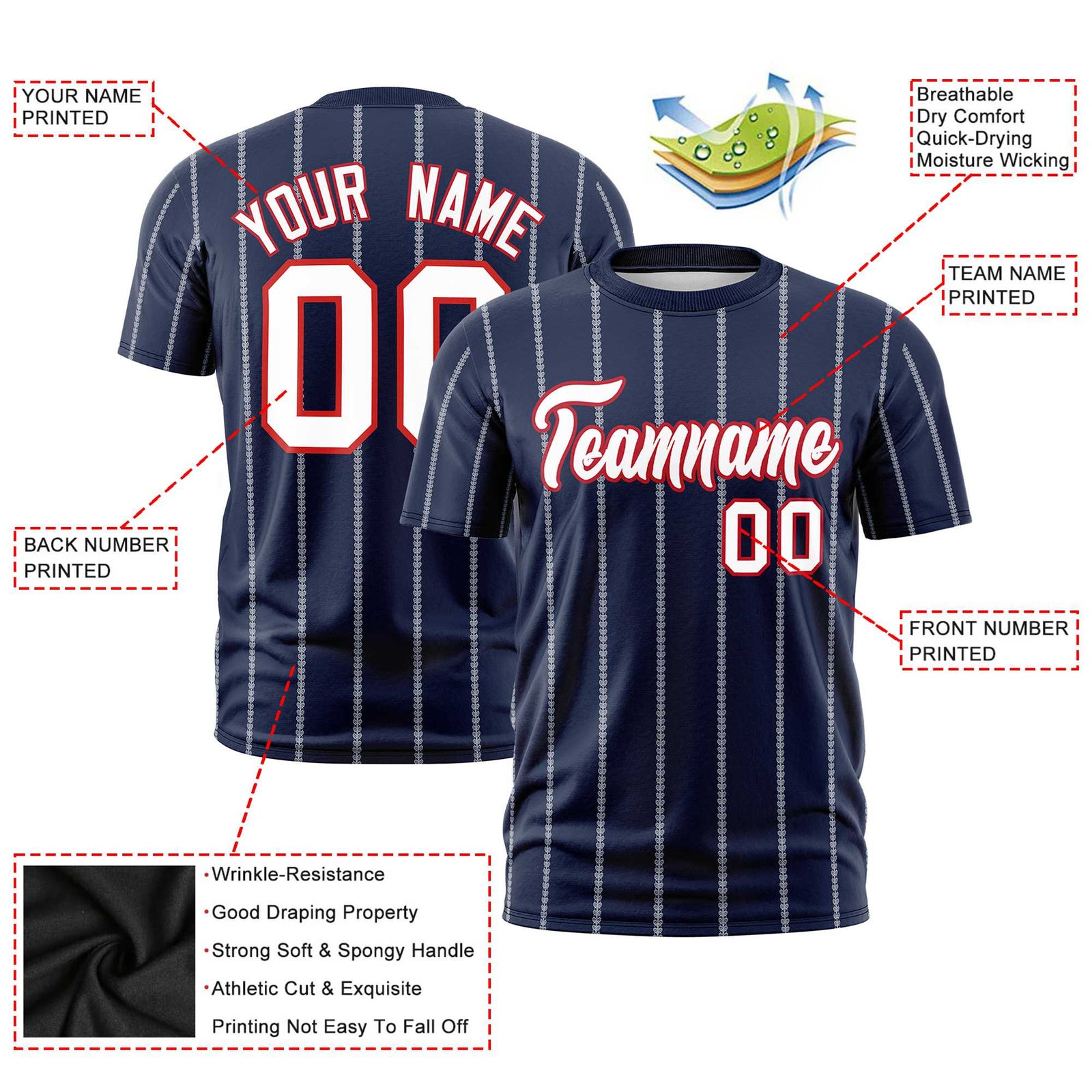 Custom Navy White Personalized Vertical Stripe Pattern Performance T-Shirt