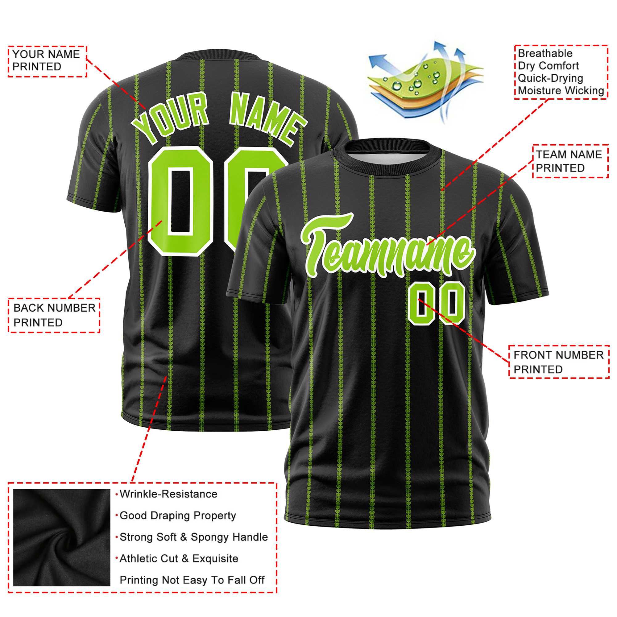 Custom Black Neon Green Personalized Vertical Stripe Pattern Performance T-Shirt