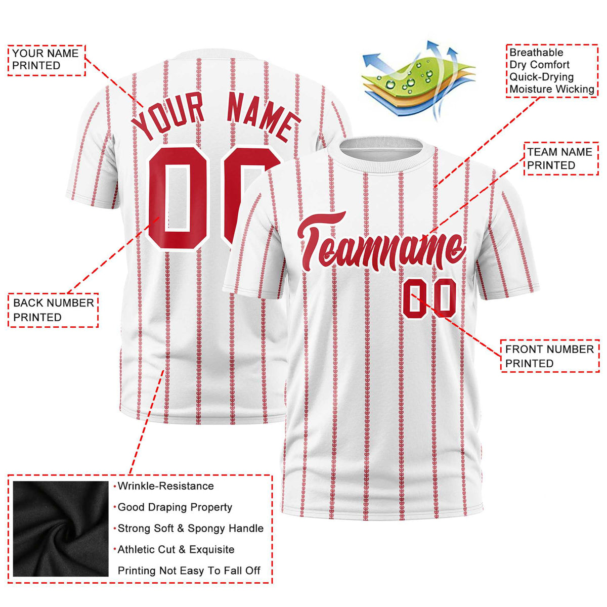 Custom White Red Personalized Vertical Stripe Pattern Performance T-Shirt