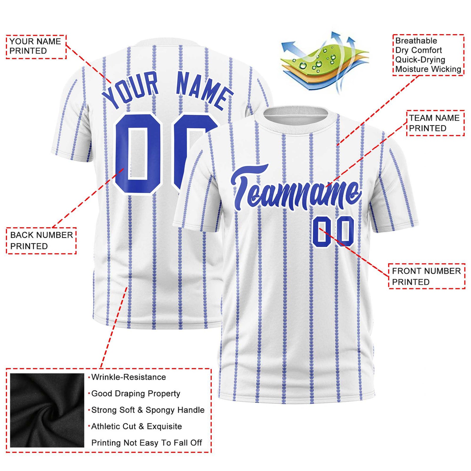 Custom White Royal Blue Personalized Vertical Stripe Pattern Performance T-Shirt