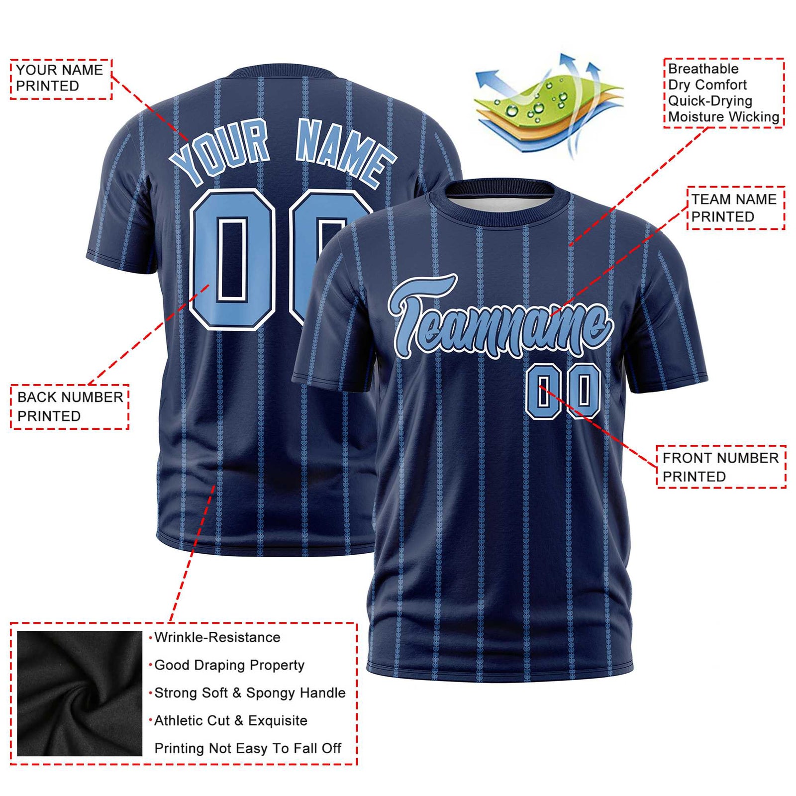 Custom Navy Powder Blue Personalized Vertical Stripe Pattern Performance T-Shirt