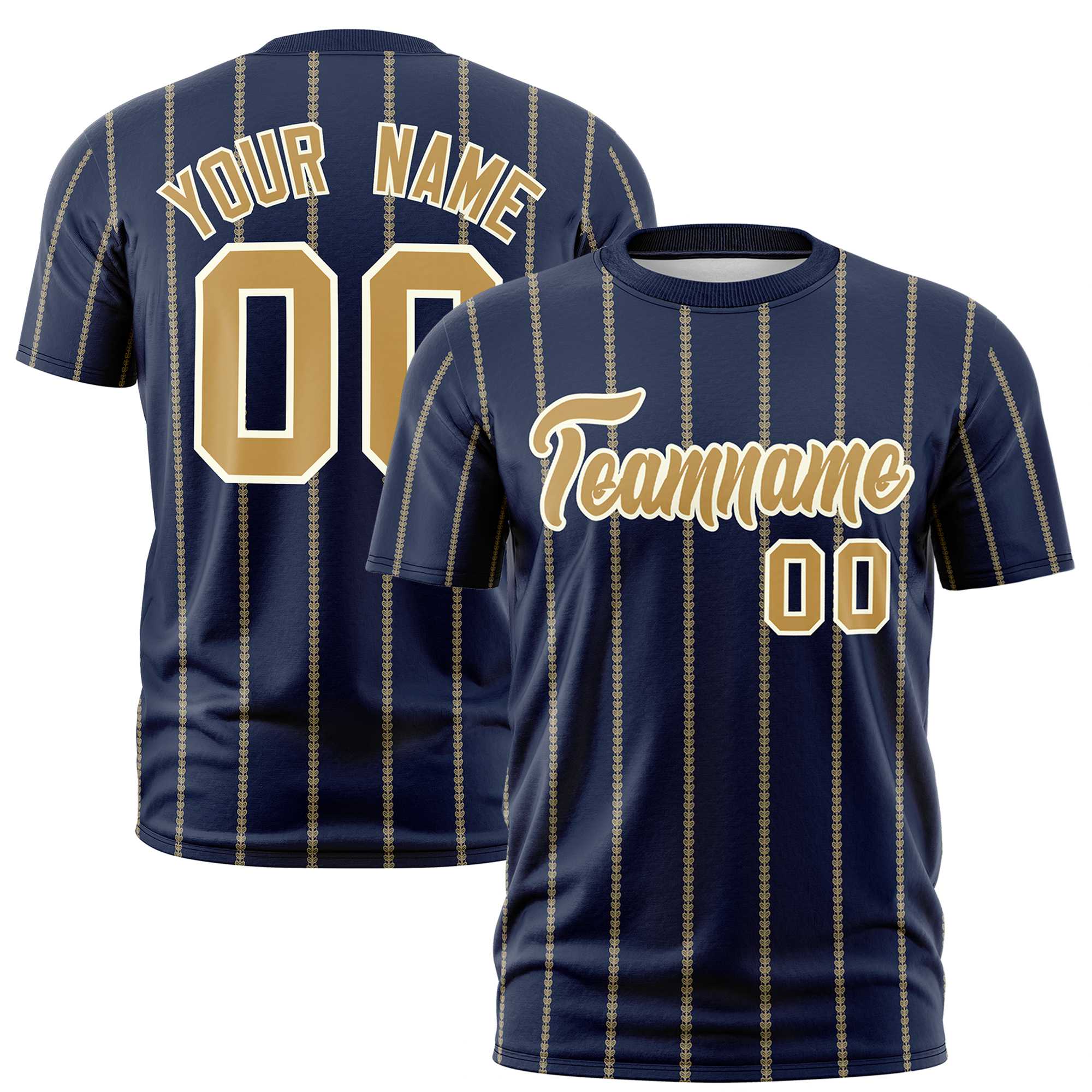 Custom Navy Old Gold Personalized Vertical Stripe Pattern Performance T-Shirt