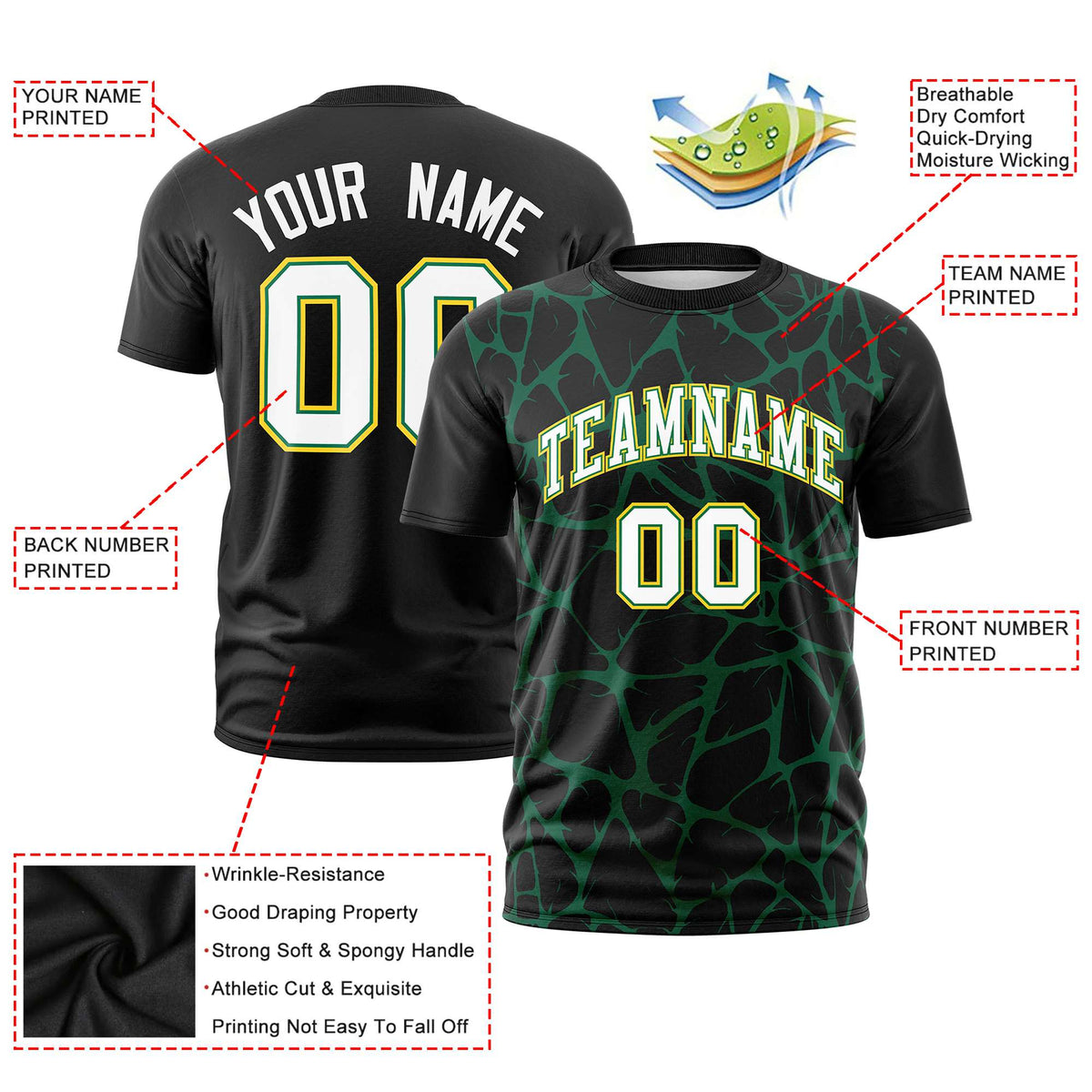 Custom Black Kelly Green 3D Pattern Design Abstract Network Performance T-Shirt