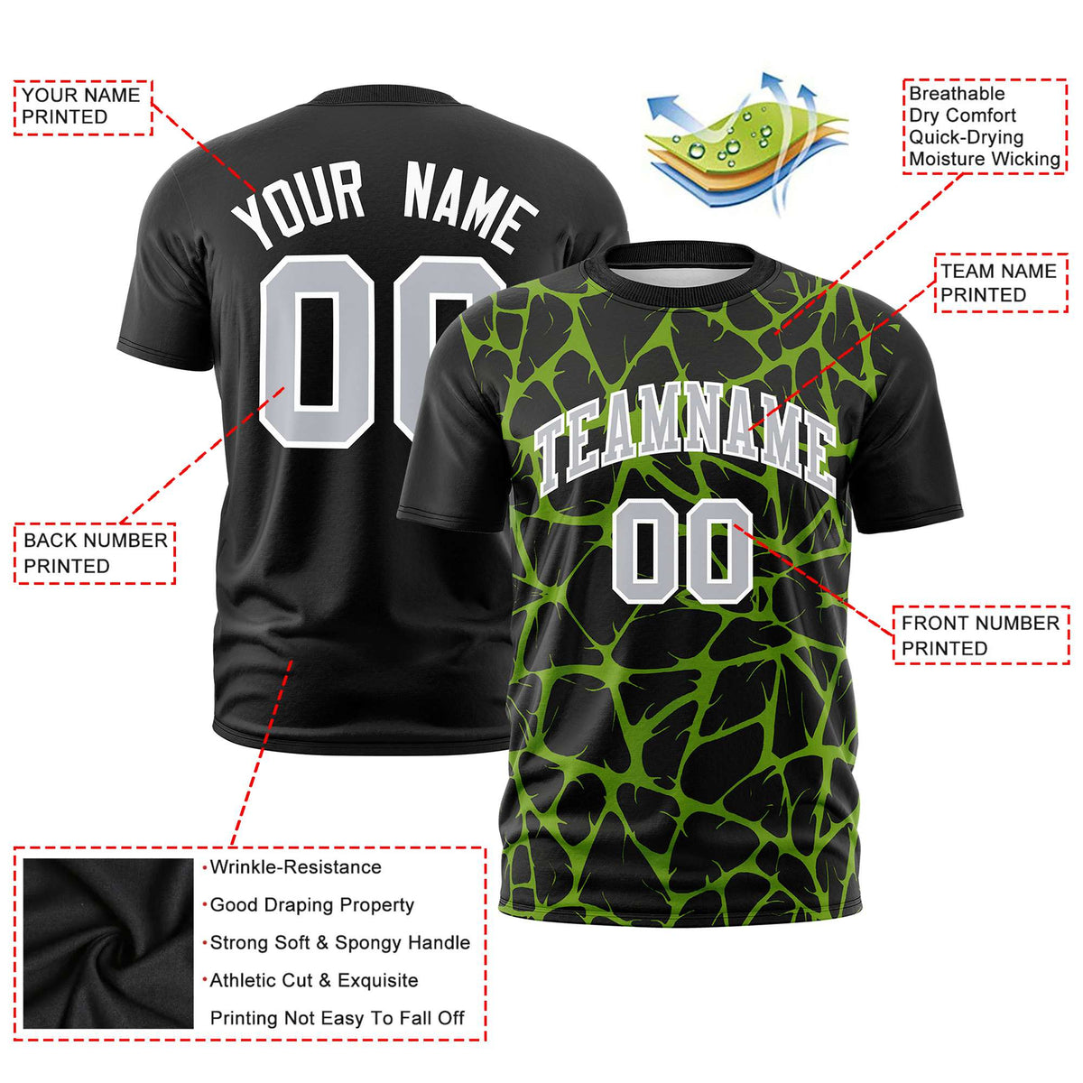 Custom Black Neon Green 3D Pattern Design Abstract Network Performance T-Shirt