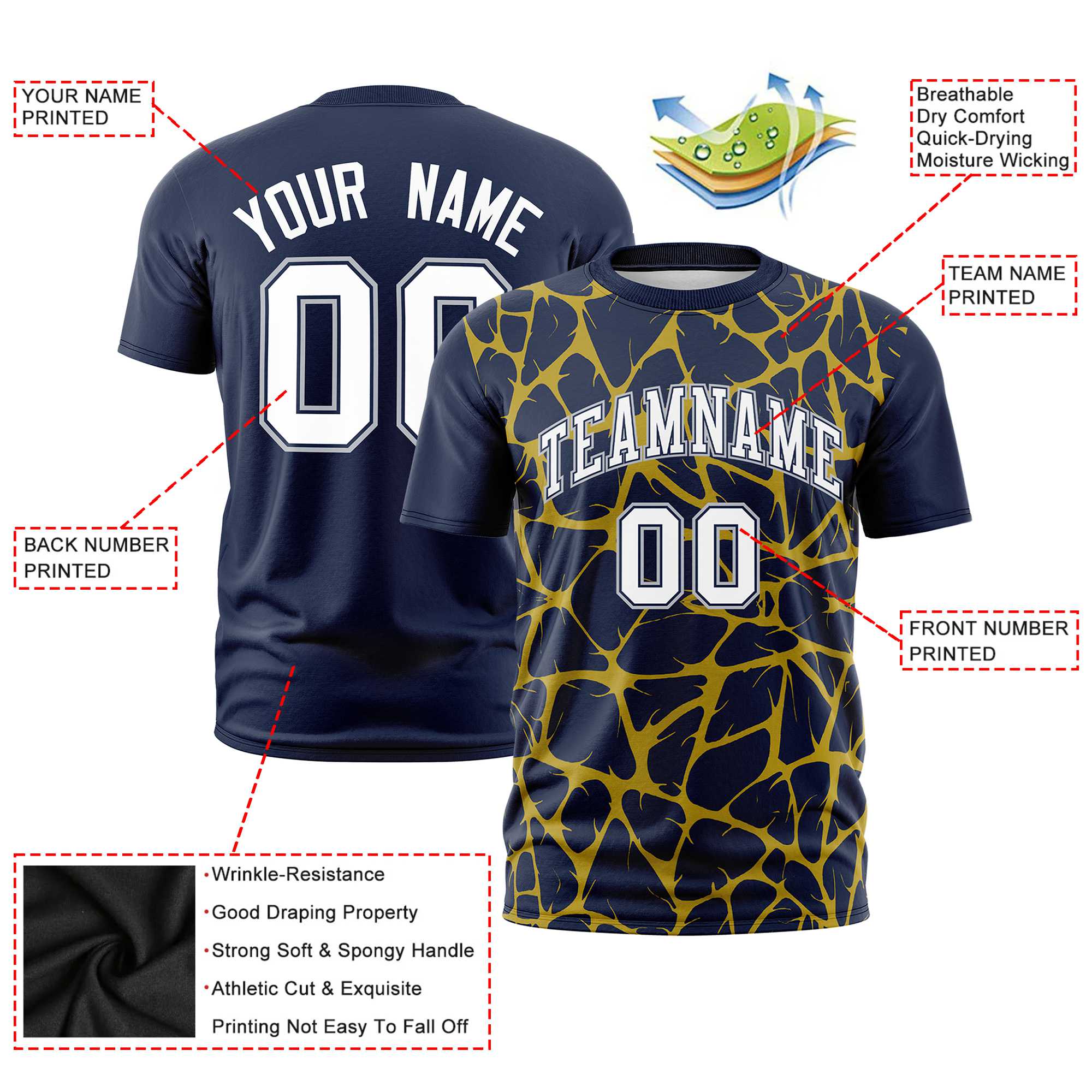 Custom Navy Gold-01 3D Pattern Design Abstract Network Performance T-Shirt