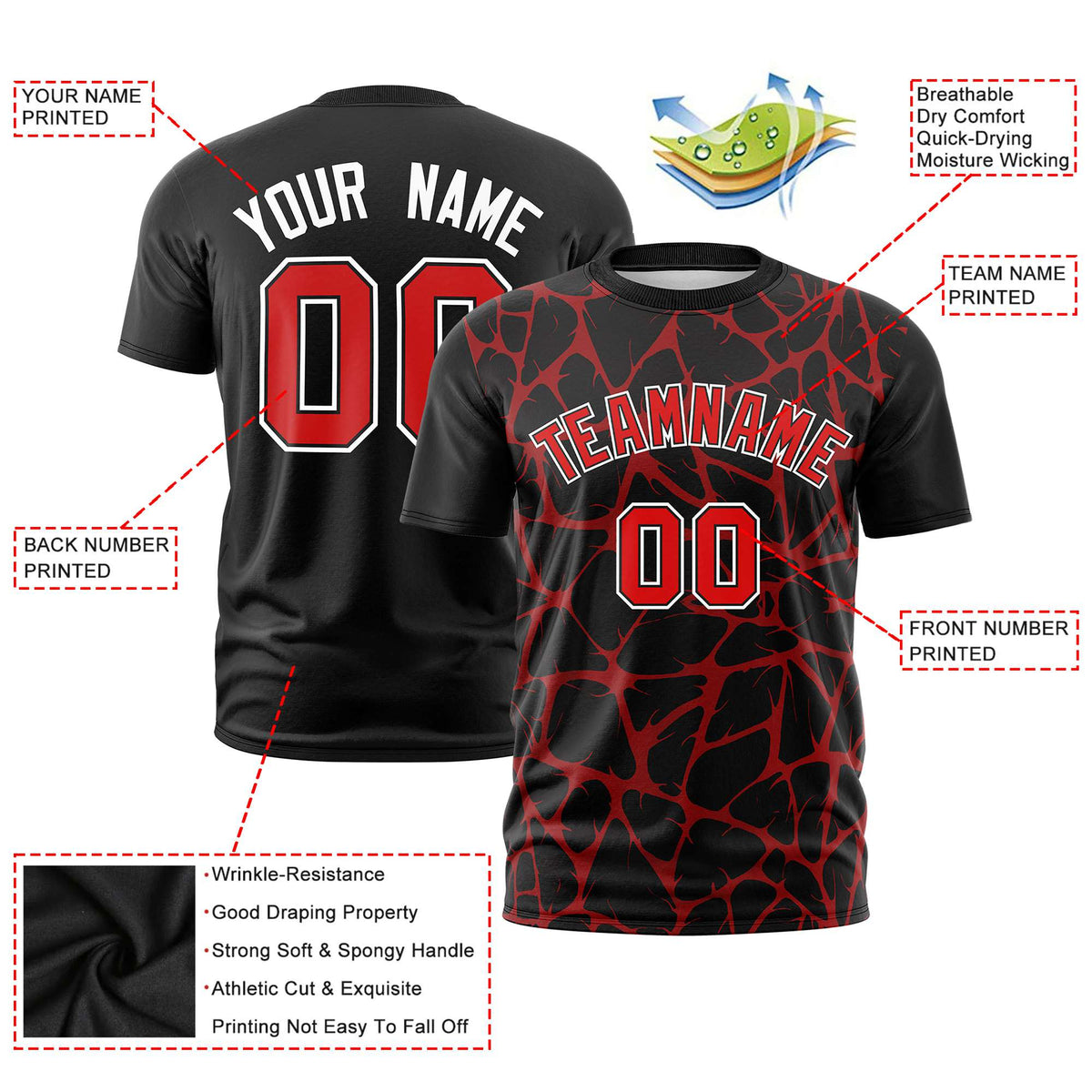Custom Black Red 3D Pattern Design Abstract Network Performance T-Shirt