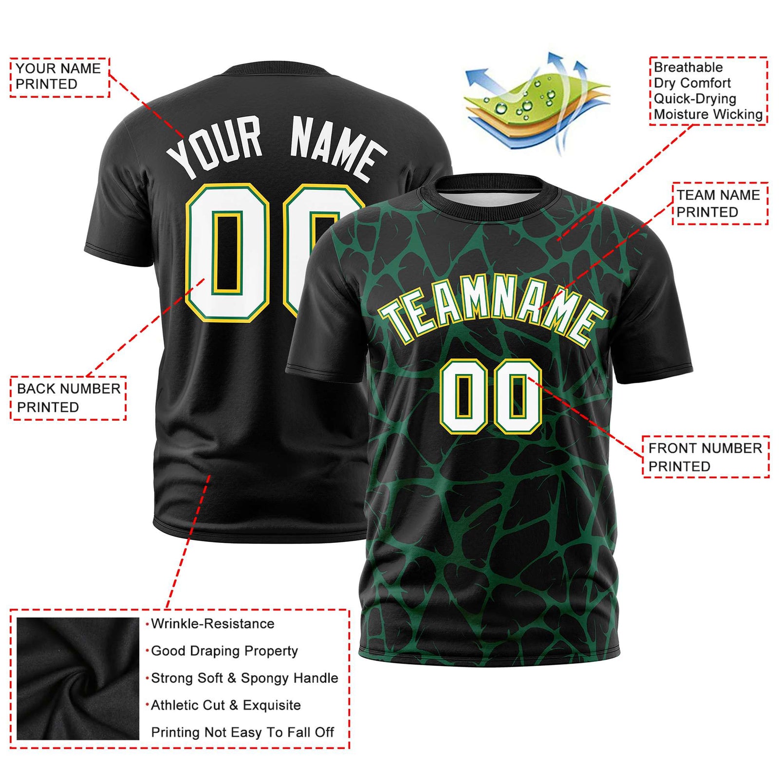 Custom Black Kelly Green 3D Pattern Design Abstract Network Performance T-Shirt
