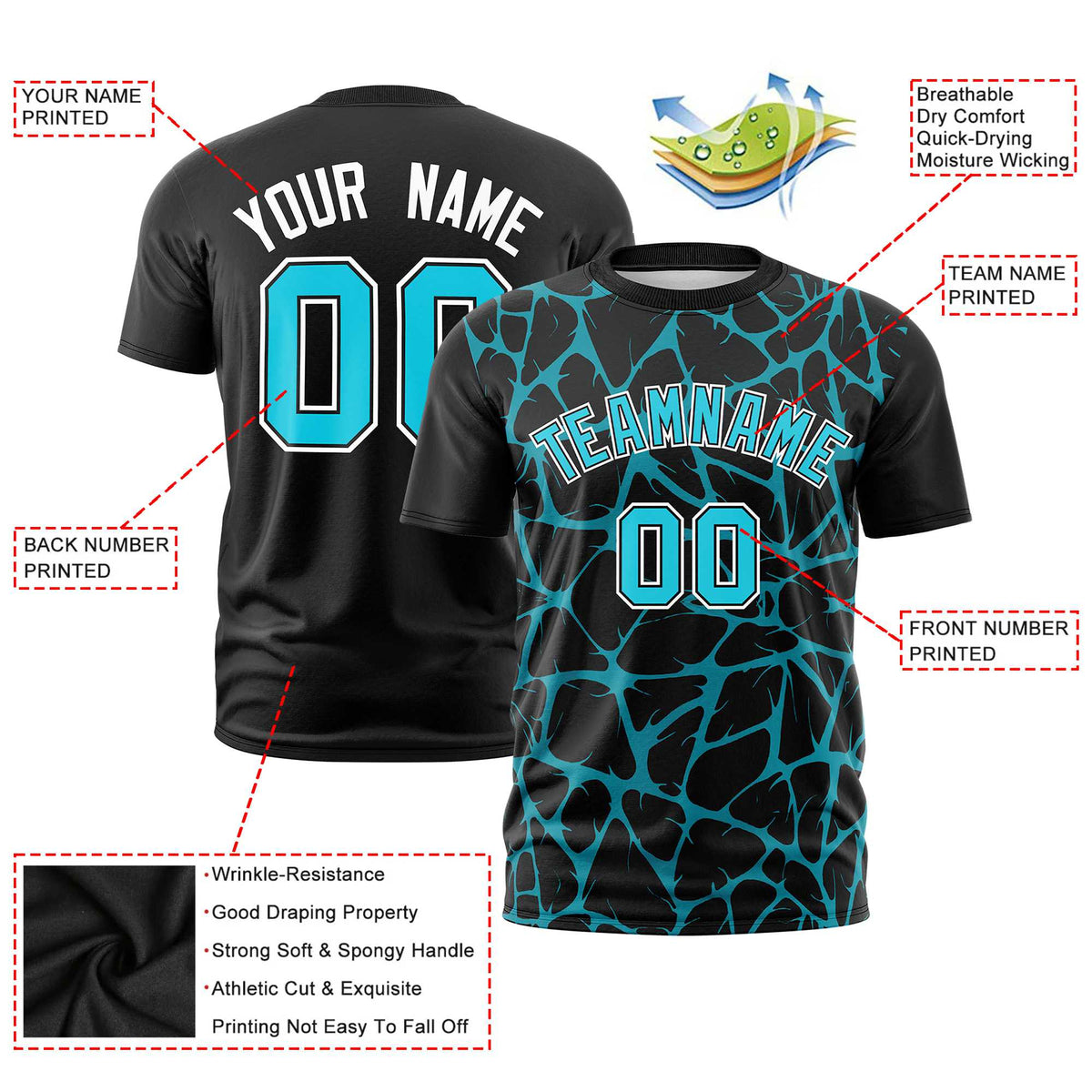 Custom Black Sky Blue 3D Pattern Design Abstract Network Performance T-Shirt