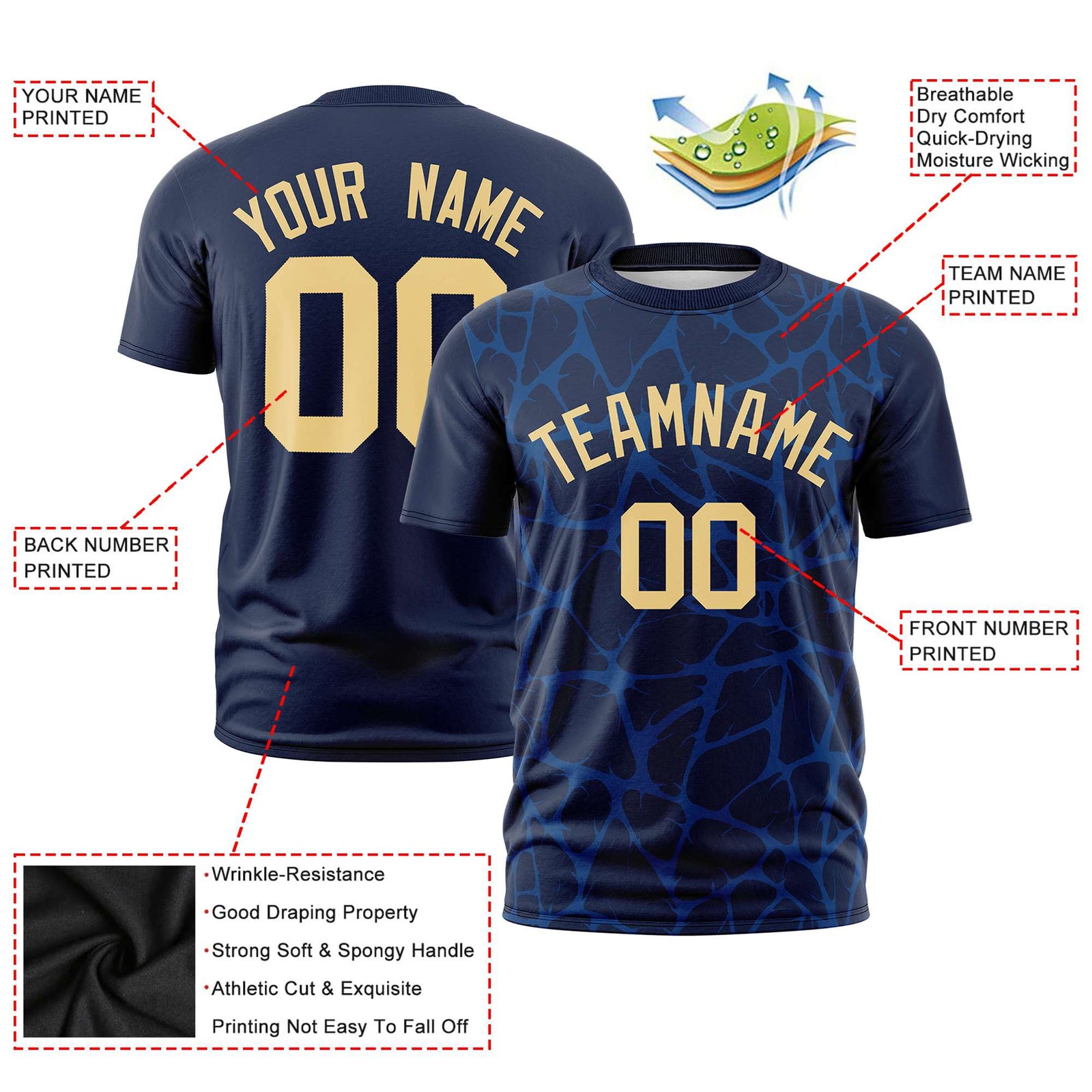 Custom Navy Royal Blue 3D Pattern Design Abstract Network Performance T-Shirt