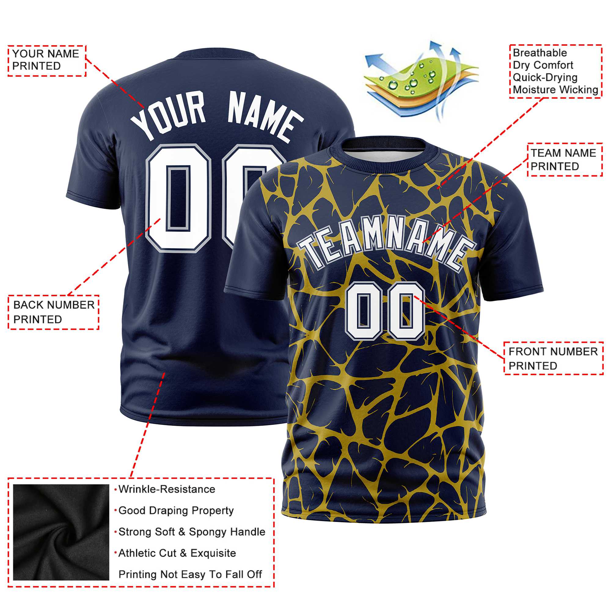 Custom Navy Gold-01 3D Pattern Design Abstract Network Performance T-Shirt