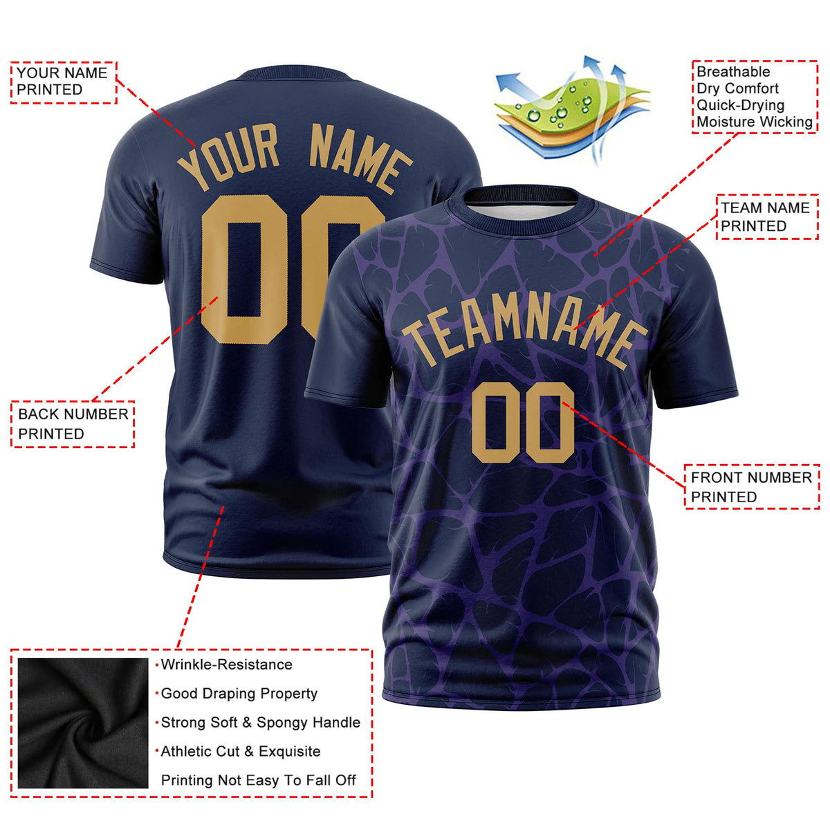 Custom Navy Purple 3D Pattern Design Abstract Network Performance T-Shirt