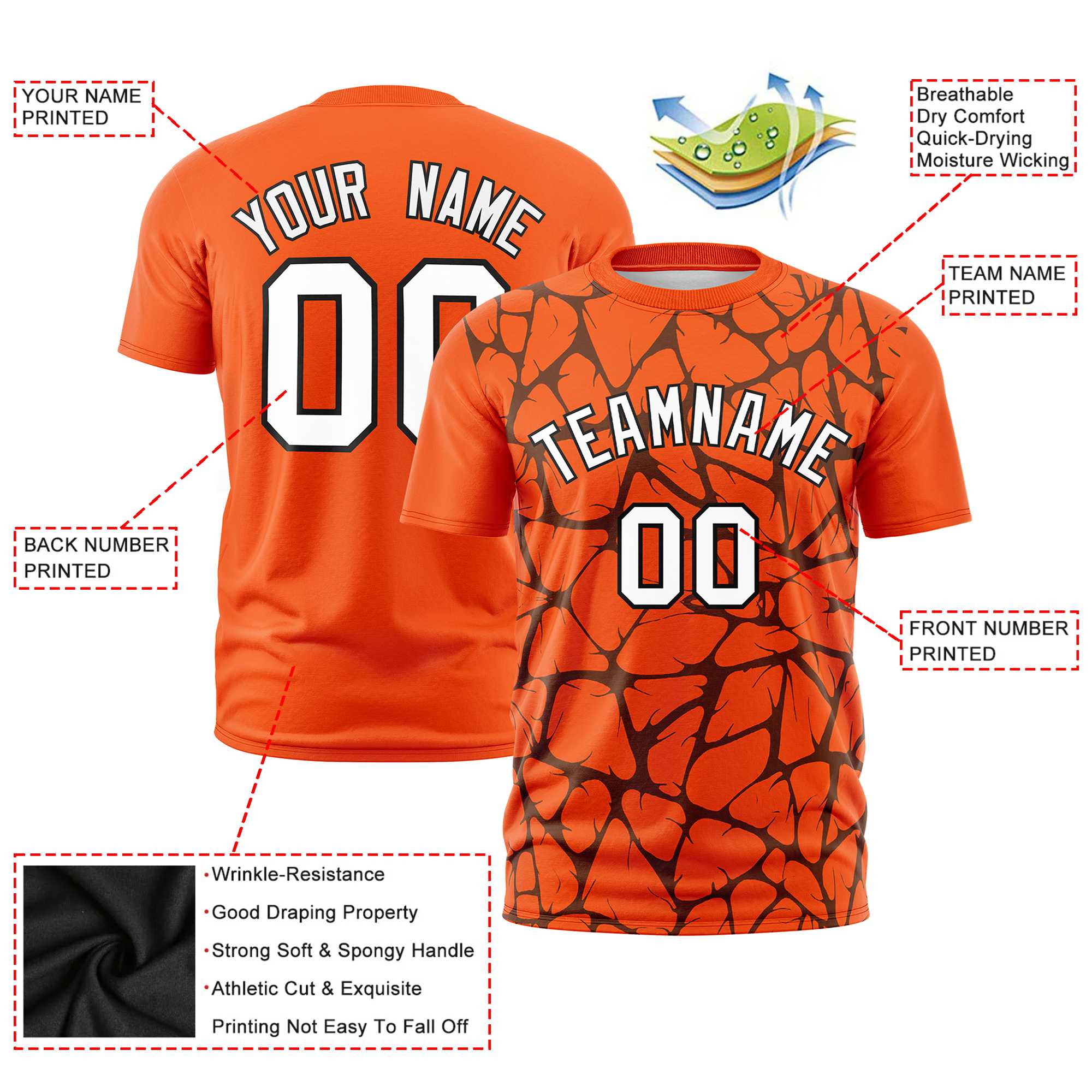 Custom Orange Black 3D Pattern Design Abstract Network Performance T-Shirt