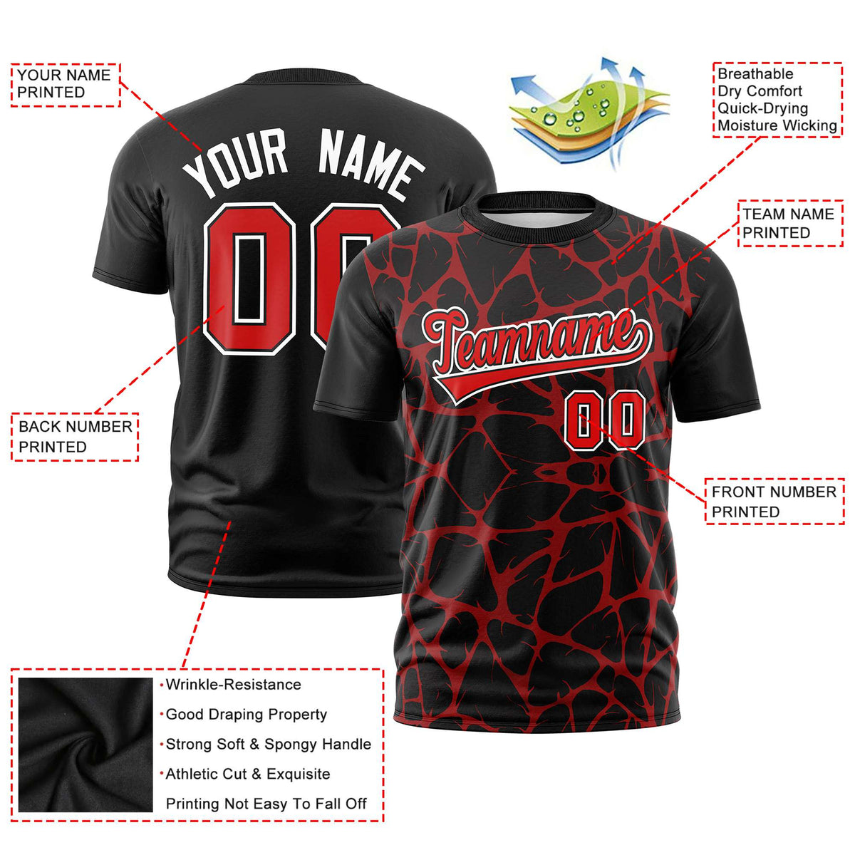 Custom Black Red 3D Pattern Design Abstract Network Performance T-Shirt