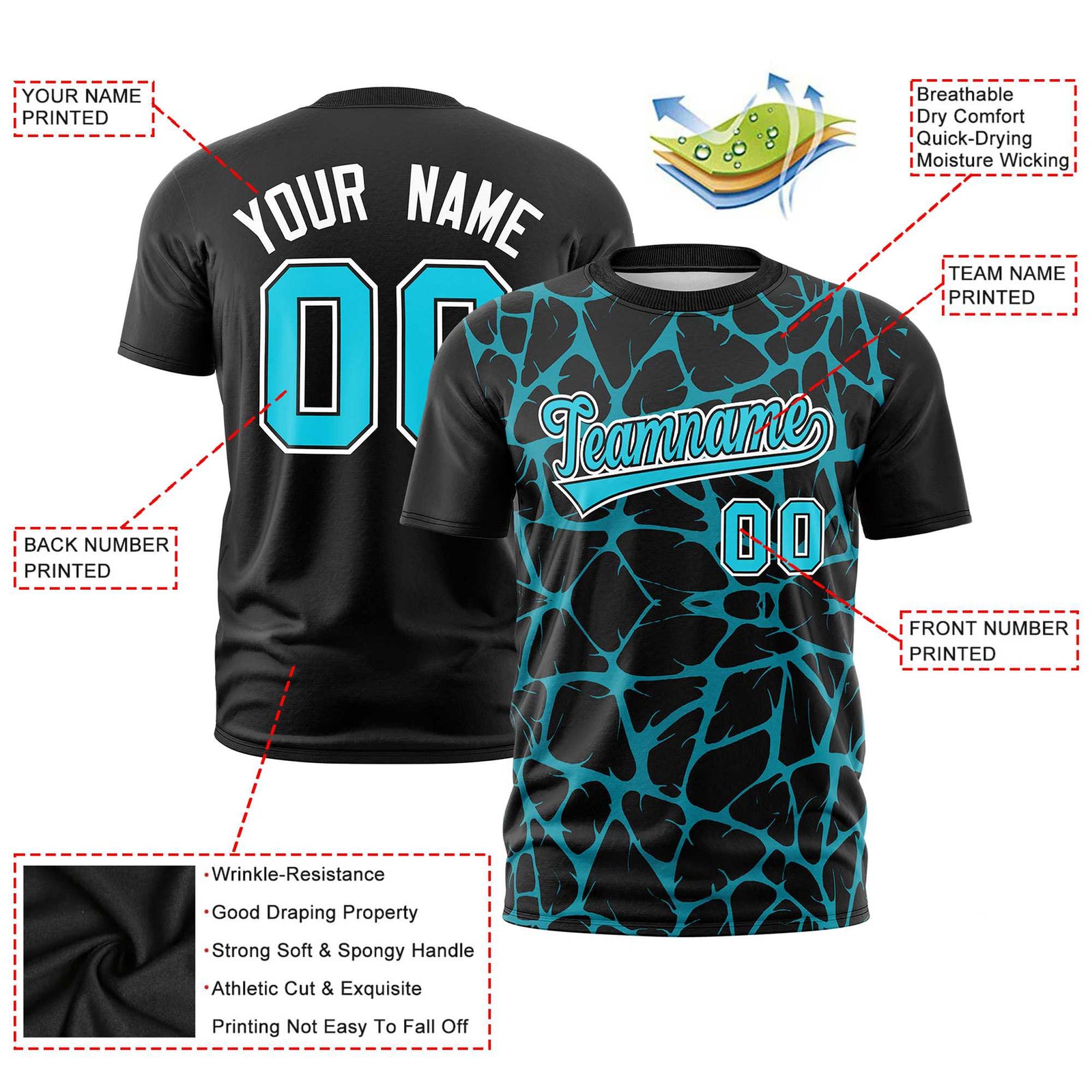 Custom Black Sky Blue 3D Pattern Design Abstract Network Performance T-Shirt