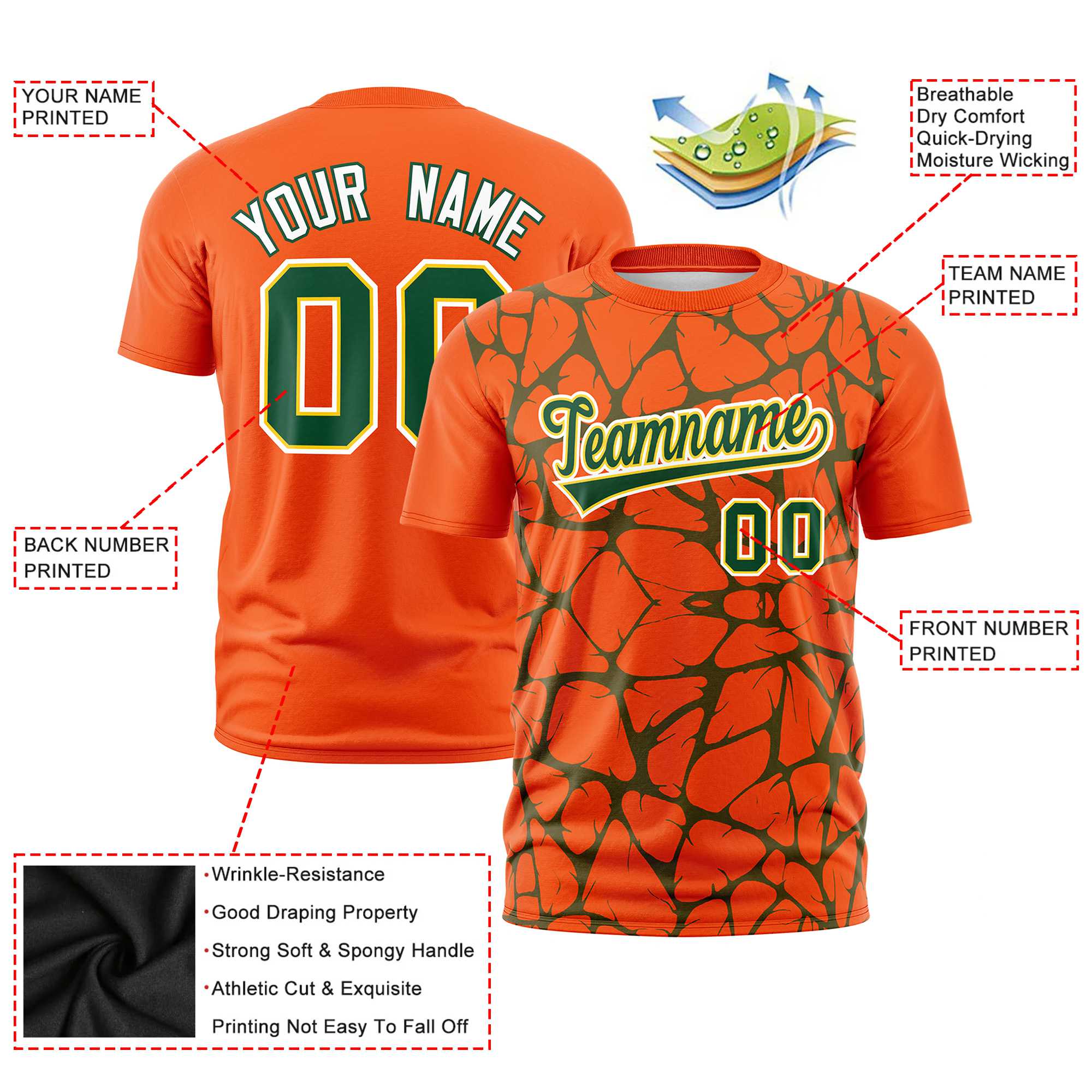 Custom Orange Green 3D Pattern Design Abstract Network Performance T-Shirt