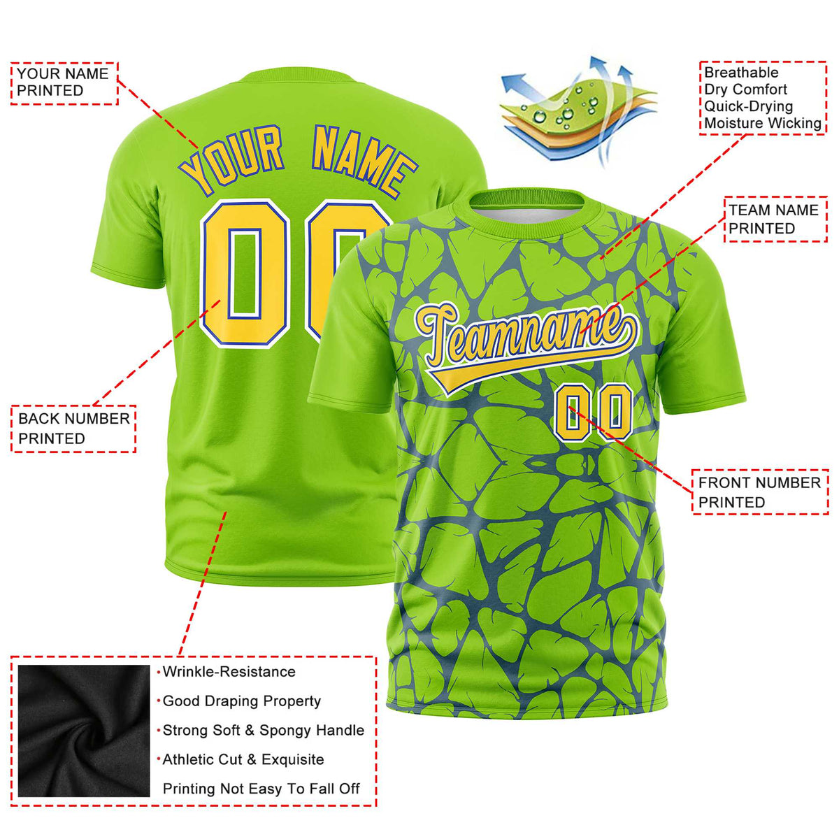 Custom Neon Green Royal Blue 3D Pattern Design Abstract Network Performance T-Shirt