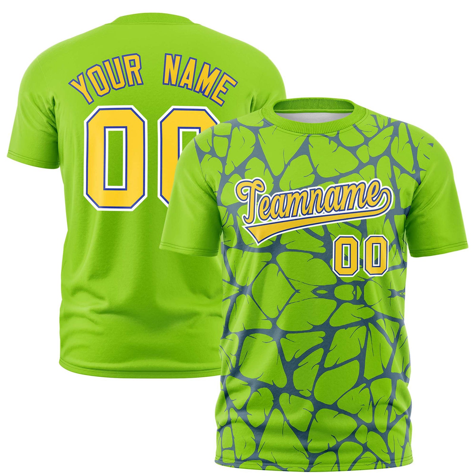 Custom Neon Green Royal Blue 3D Pattern Design Abstract Network Performance T-Shirt