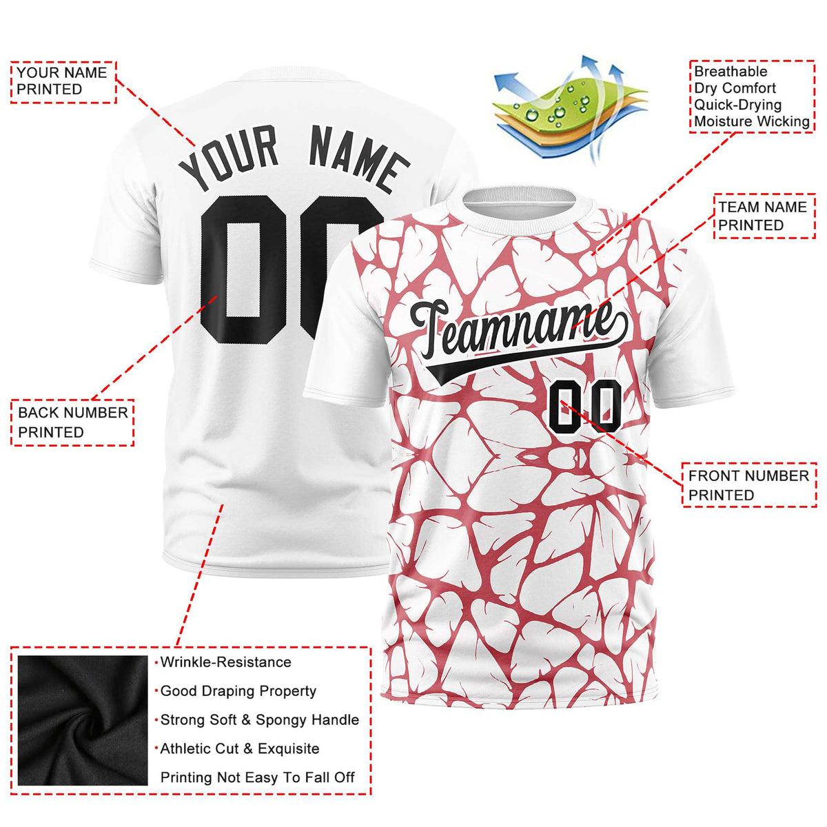 Custom White Red 3D Pattern Design Abstract Network Performance T-Shirt