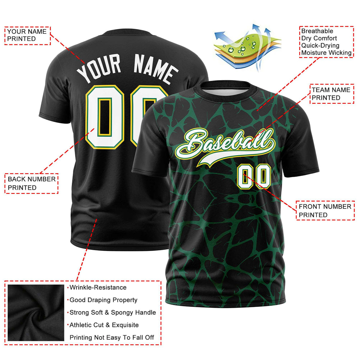 Custom Black Kelly Green 3D Pattern Design Abstract Network Performance T-Shirt