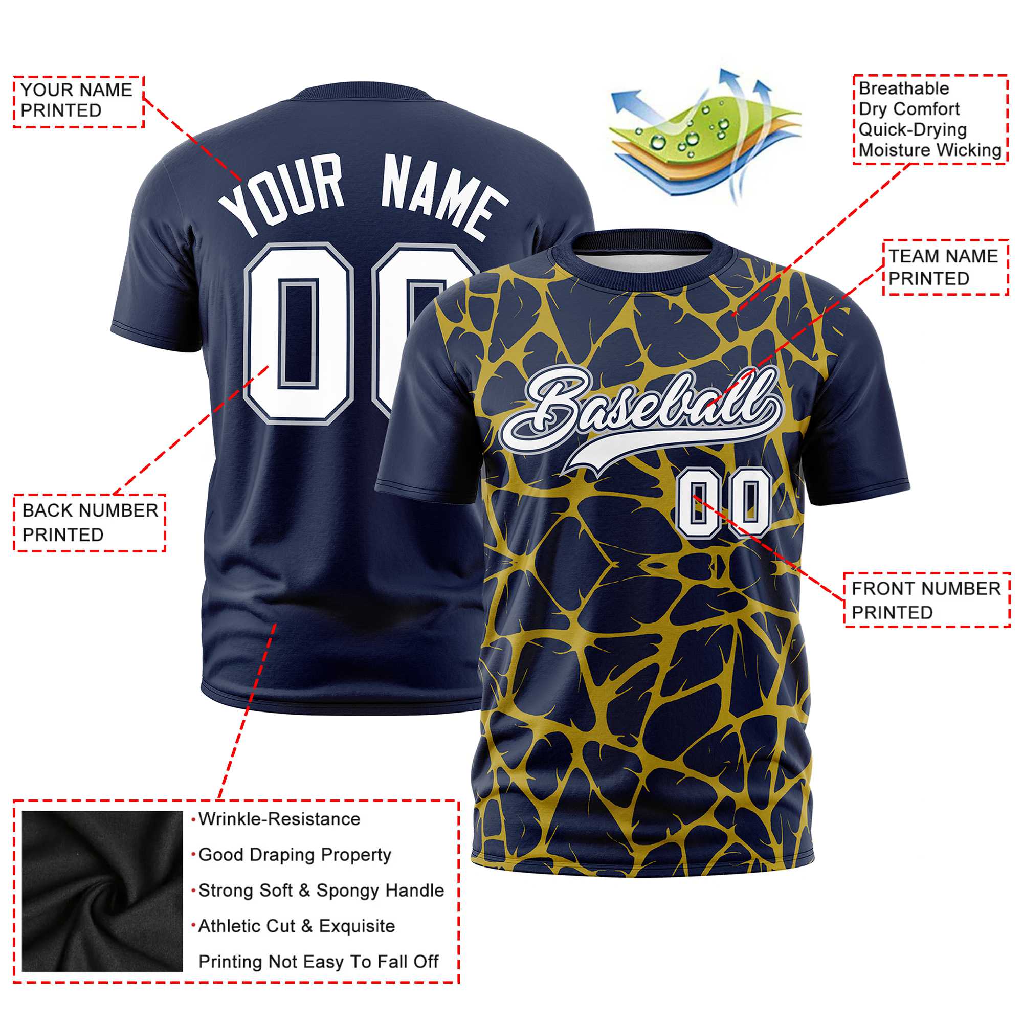 Custom Navy Gold-01 3D Pattern Design Abstract Network Performance T-Shirt