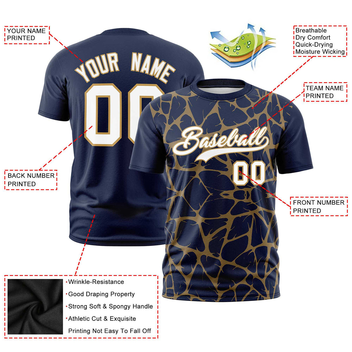 Custom Navy Old Gold 3D Pattern Design Abstract Network Performance T-Shirt