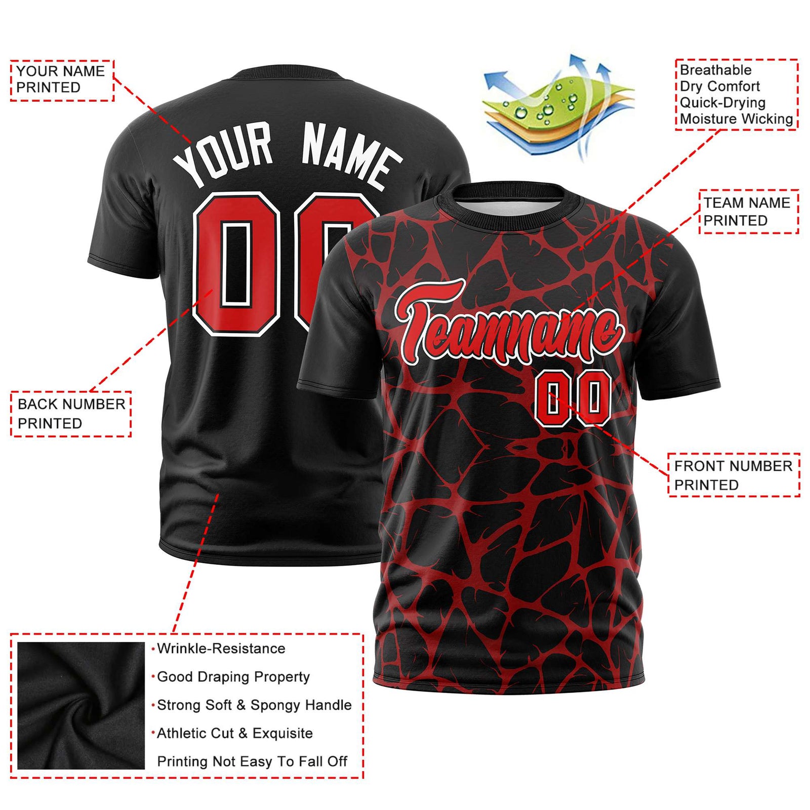 Custom Black Red 3D Pattern Design Abstract Network Performance T-Shirt