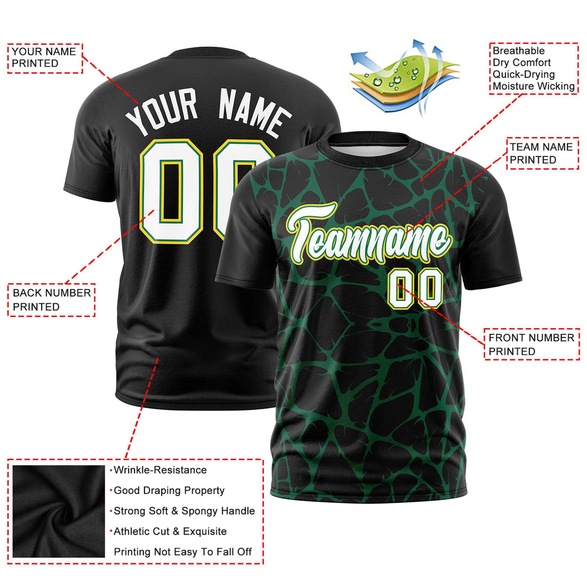 Custom Black Kelly Green 3D Pattern Design Abstract Network Performance T-Shirt