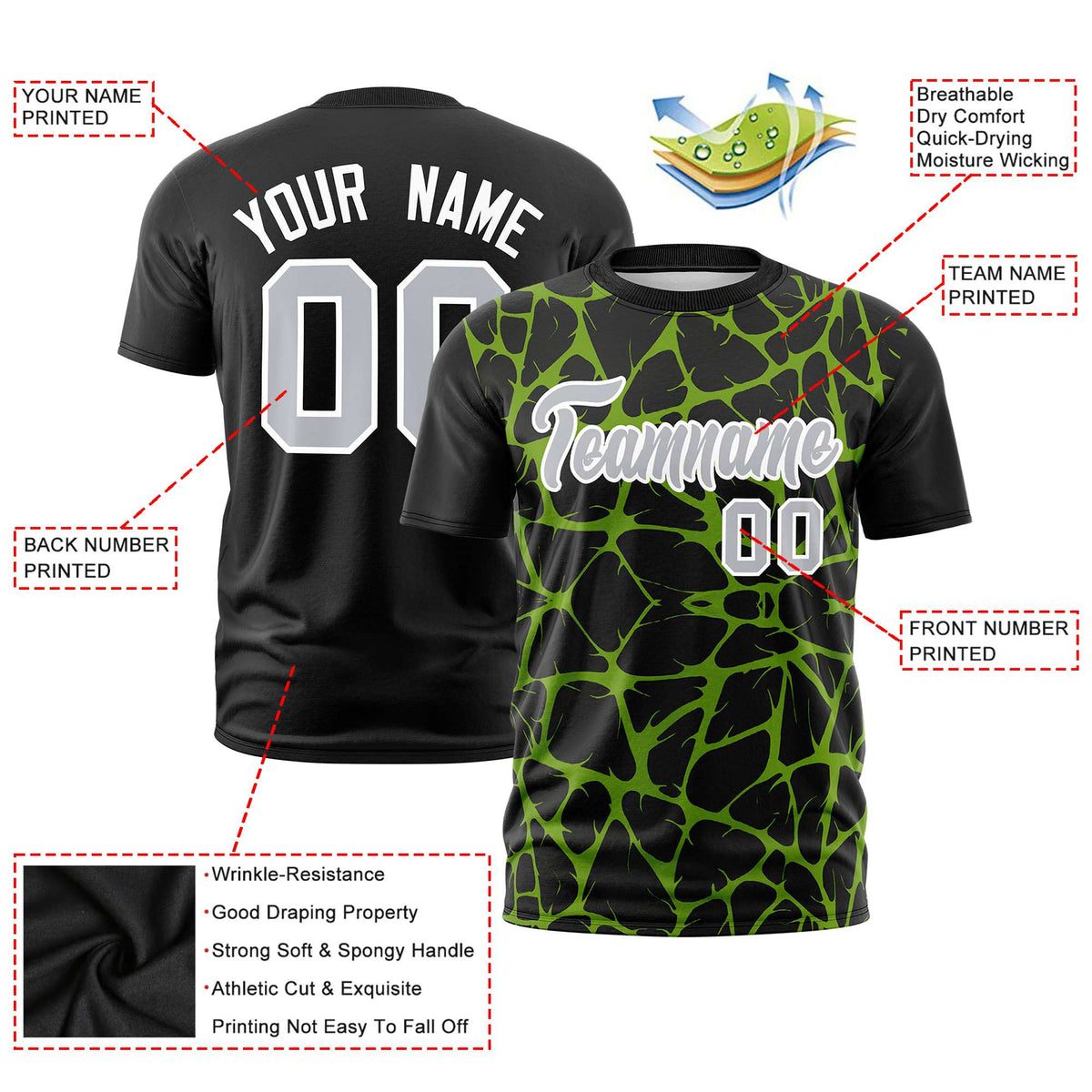 Custom Black Neon Green 3D Pattern Design Abstract Network Performance T-Shirt