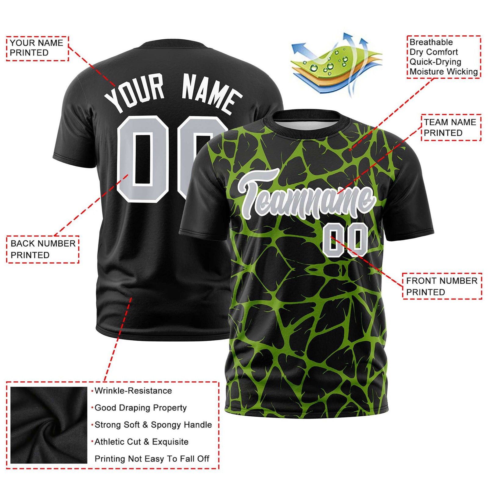 Custom Black Neon Green 3D Pattern Design Abstract Network Performance T-Shirt