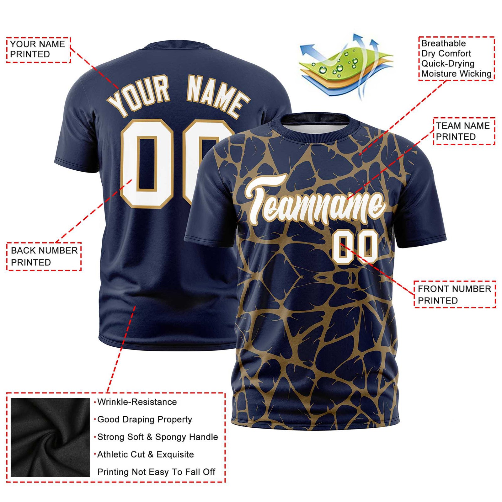 Custom Navy Old Gold 3D Pattern Design Abstract Network Performance T-Shirt