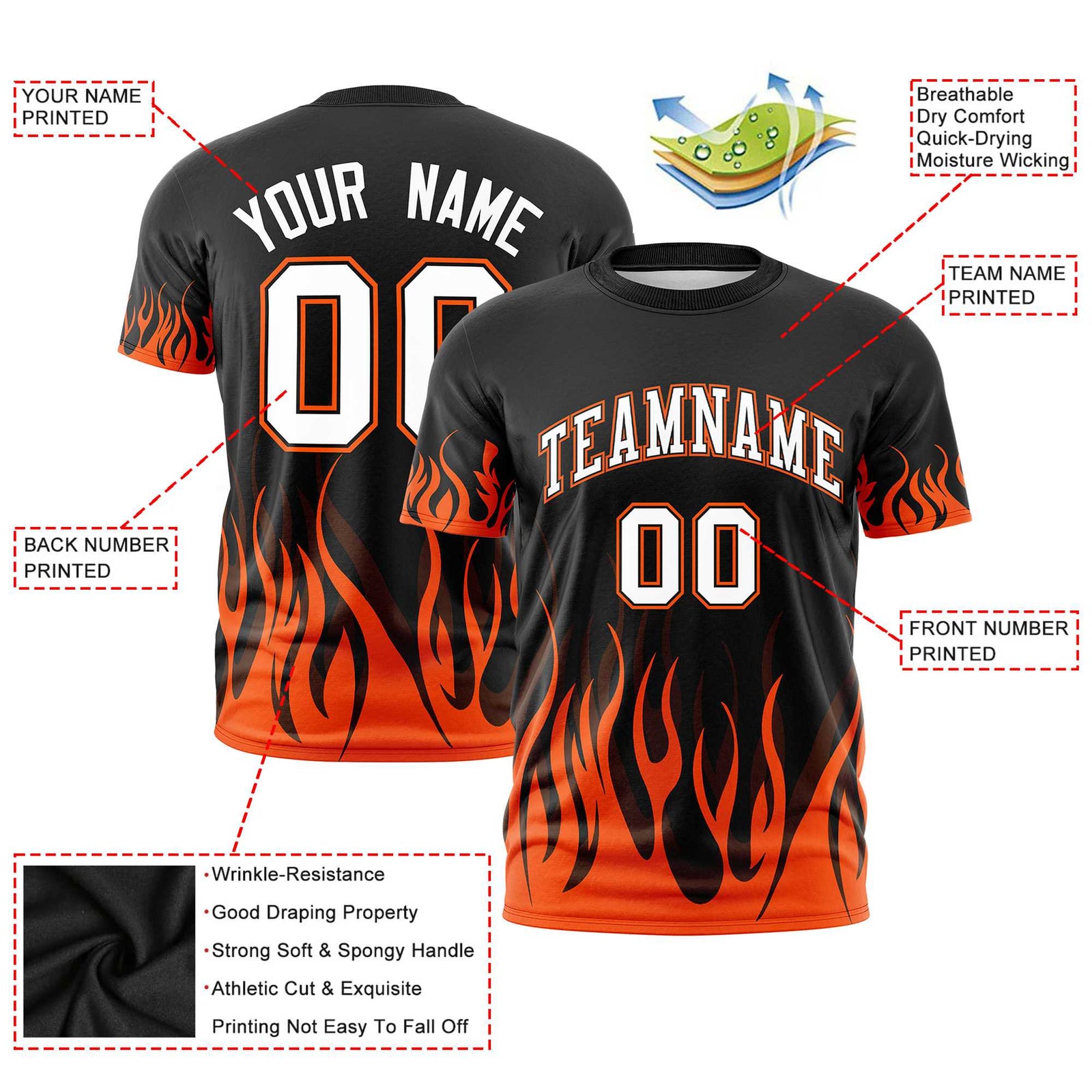 Custom Black Orange 3D Pattern Design Flame Performance T-Shirt