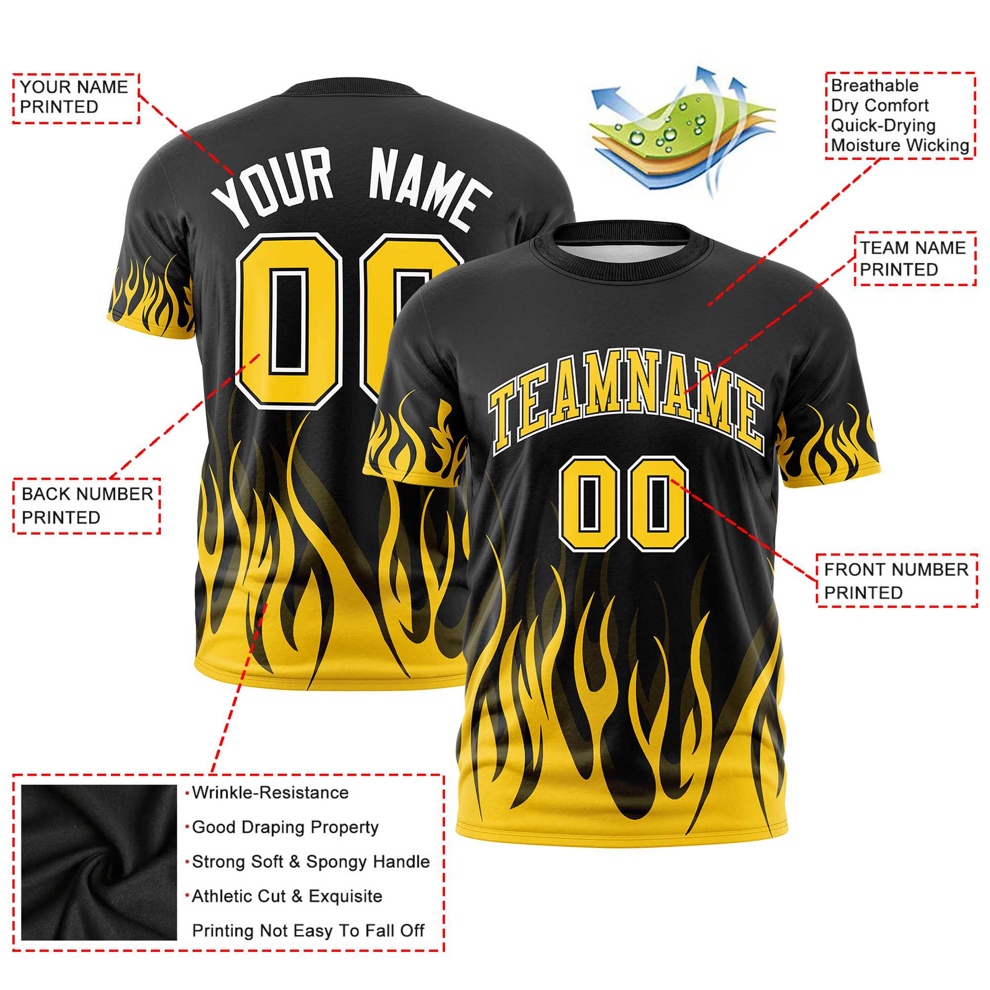 Custom Black Gold-01 3D Pattern Design Flame Performance T-Shirt