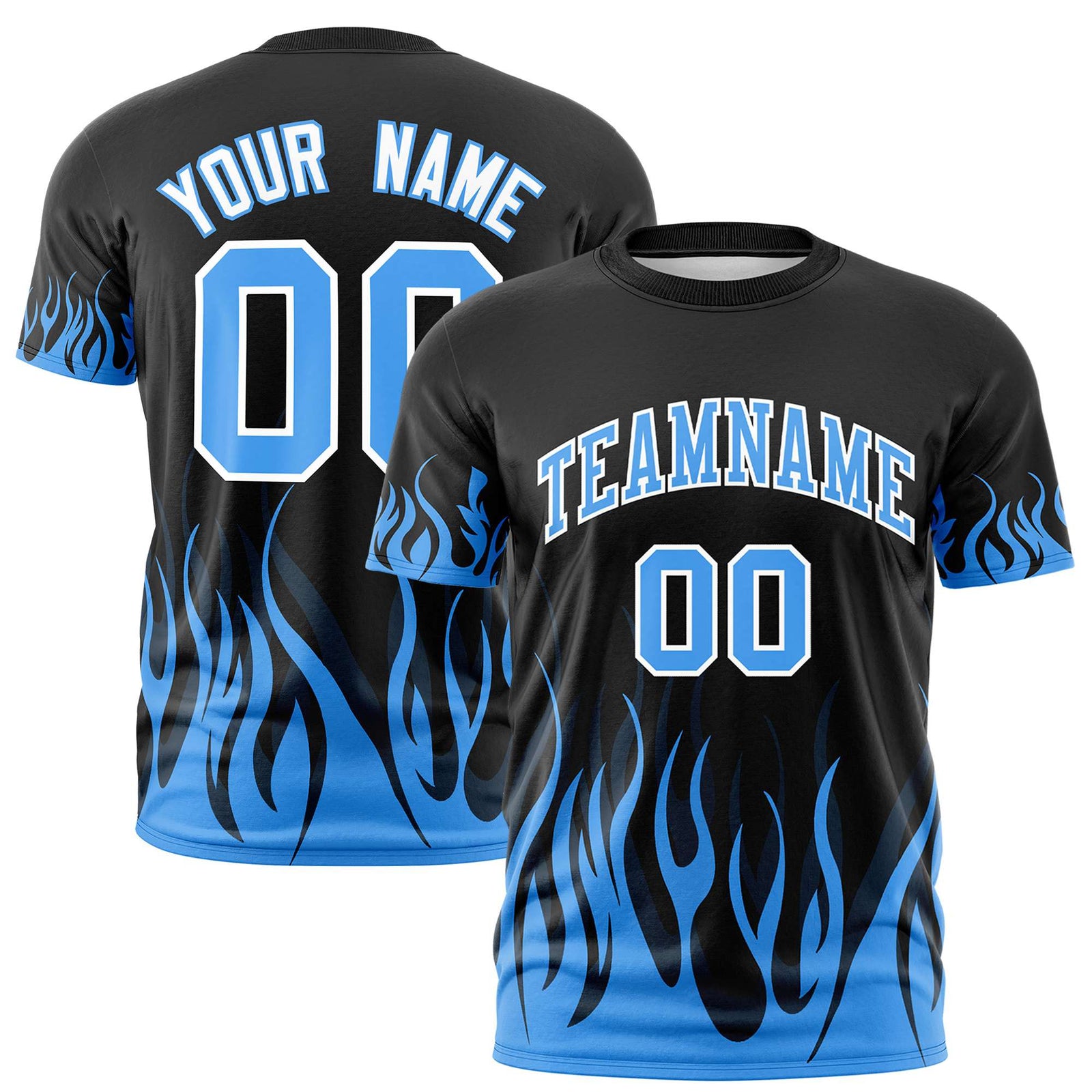 Custom Black Powder Blue 3D Pattern Design Flame Performance T-Shirt