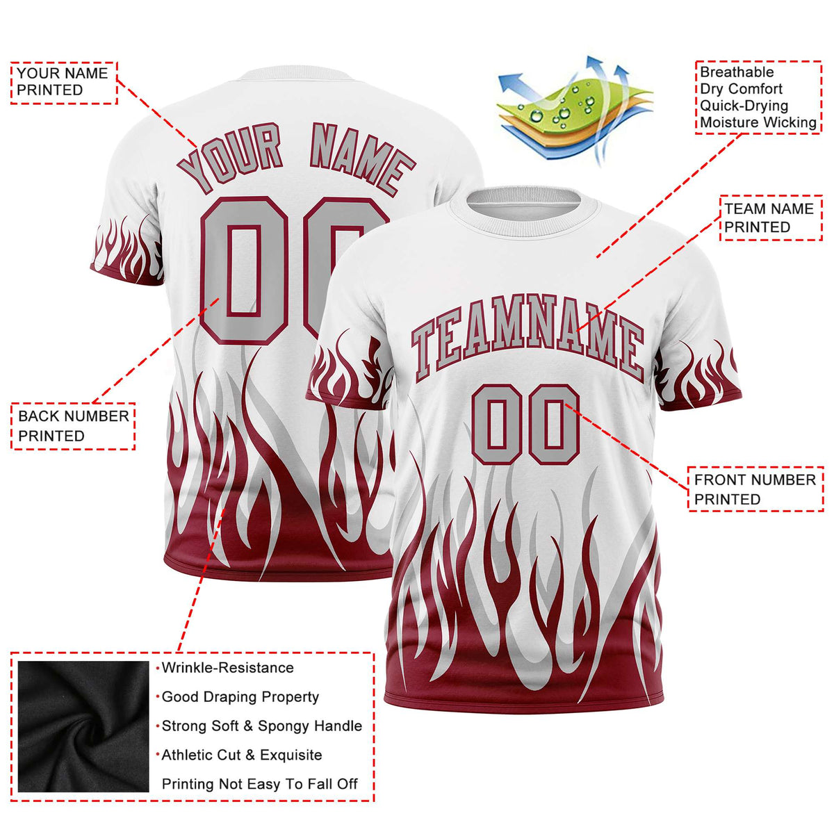 Custom White Crimson 3D Pattern Design Flame Performance T-Shirt