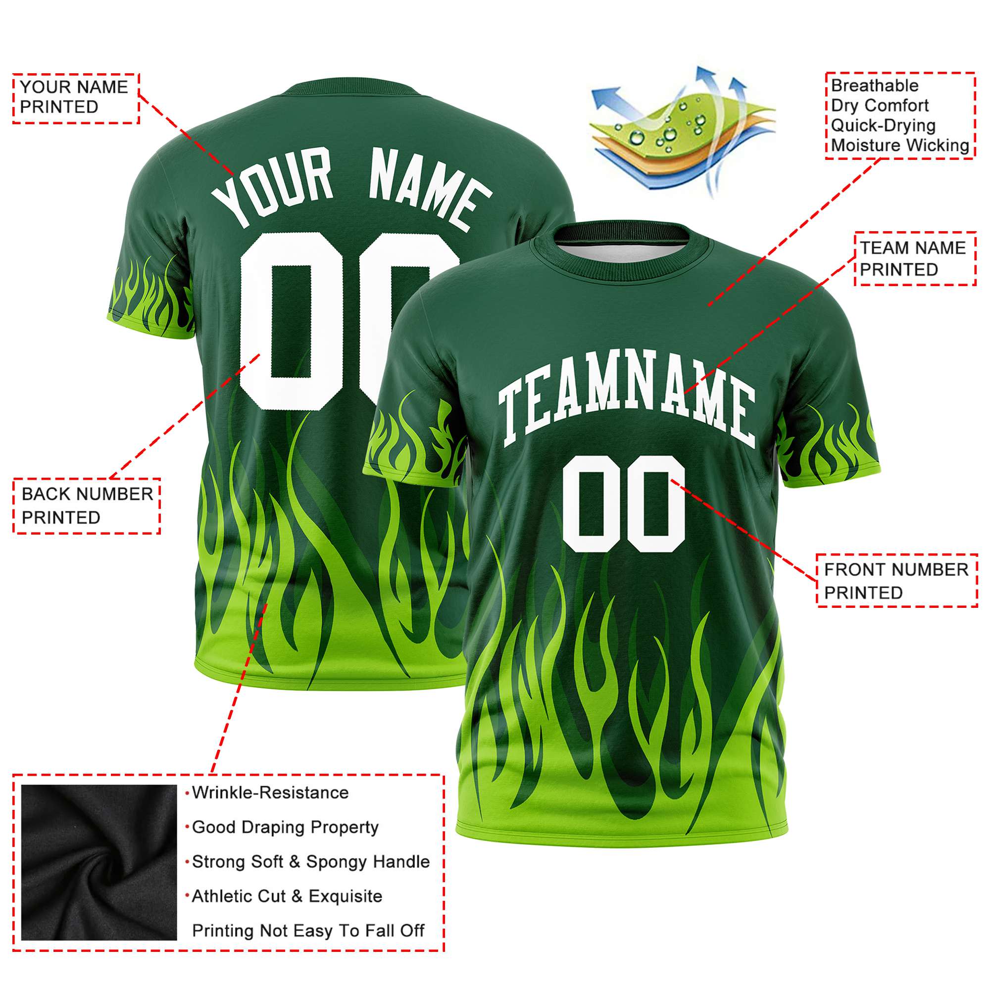 Custom Green Neon Green 3D Pattern Design Flame Performance T-Shirt