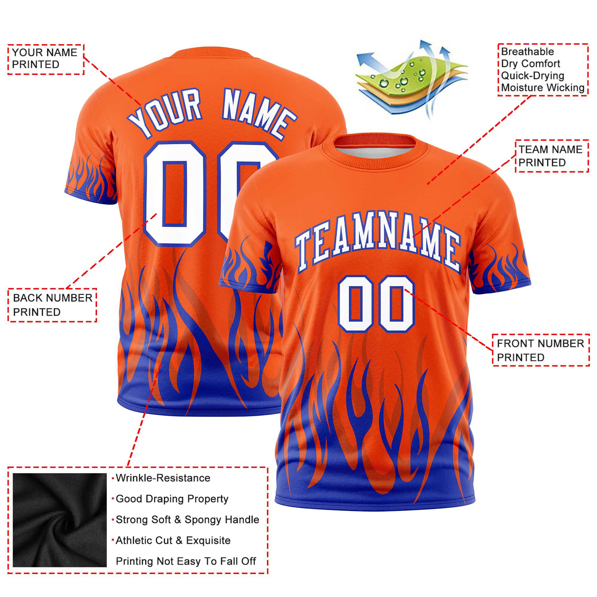 Custom Orange Royal Blue 3D Pattern Design Flame Performance T-Shirt