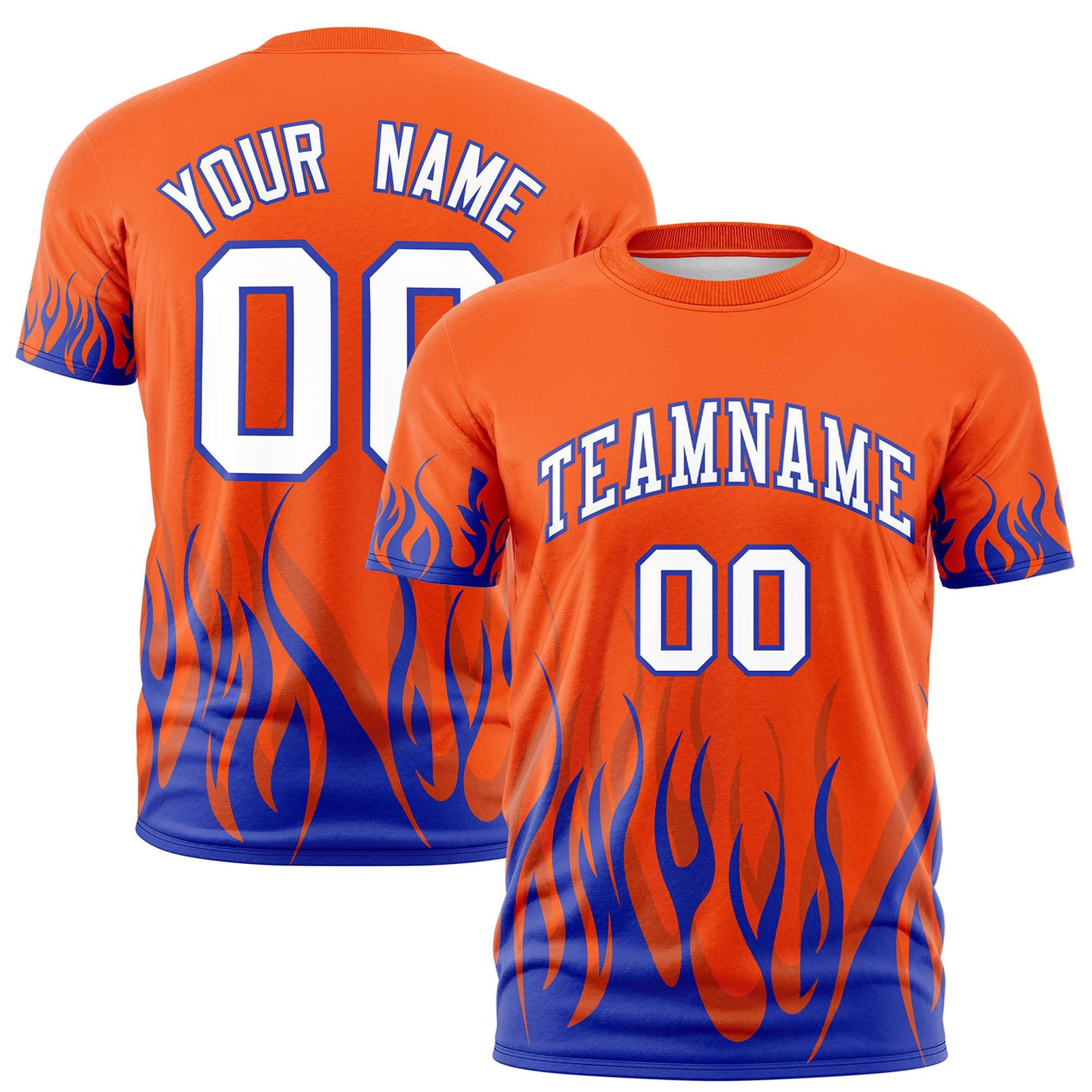 Custom Orange Royal Blue 3D Pattern Design Flame Performance T-Shirt