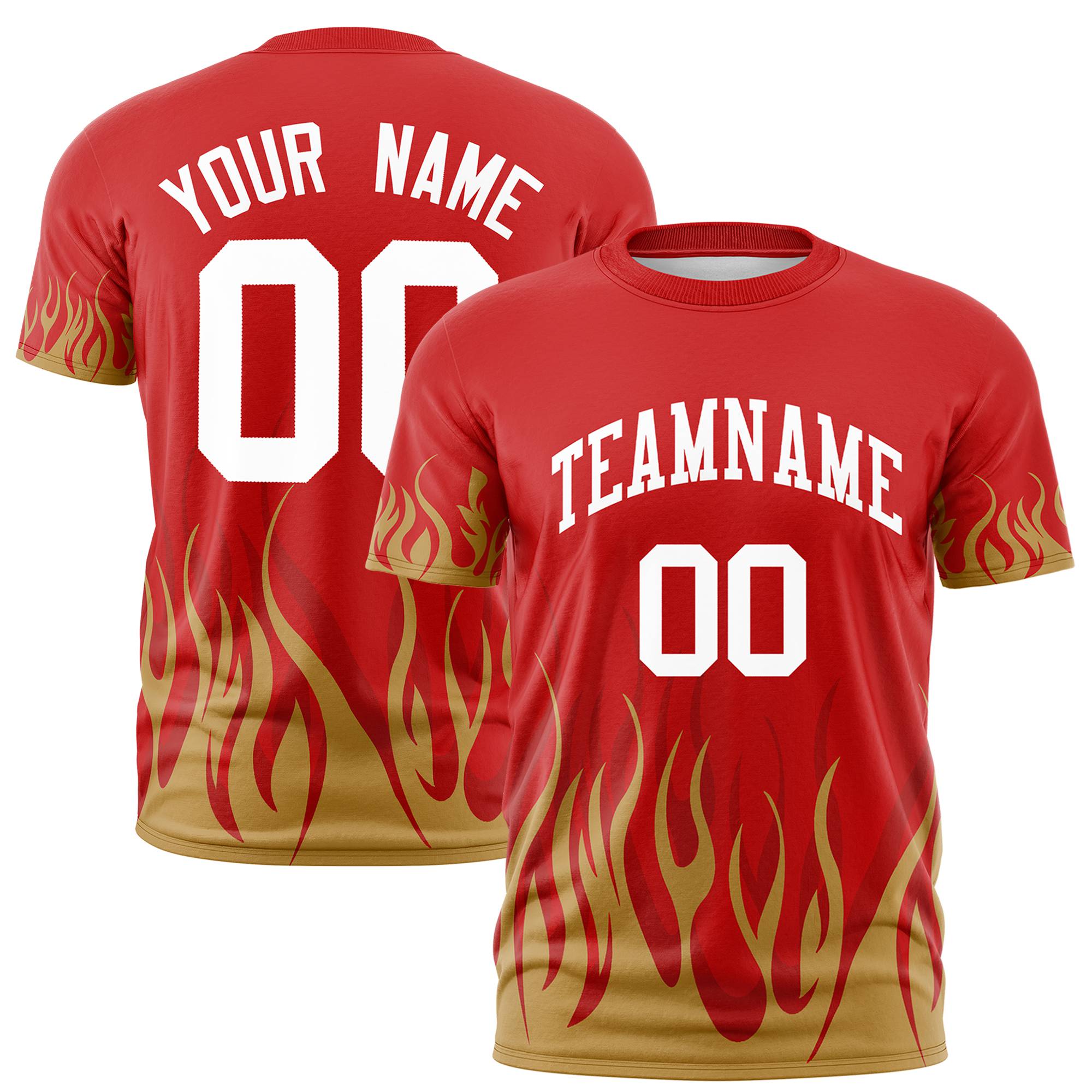 Custom Red Old Gold 3D Pattern Design Flame Performance T-Shirt