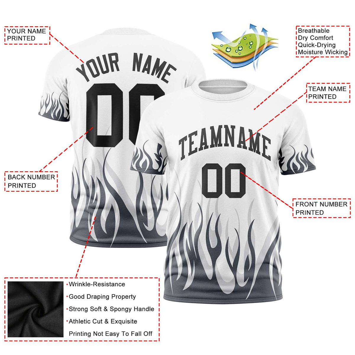 Custom White Gray 3D Pattern Design Flame Performance T-Shirt