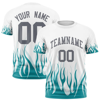 Camiseta deportiva personalizada con diseño 3D de llamas en color blanco aguamarina - Estilo 1