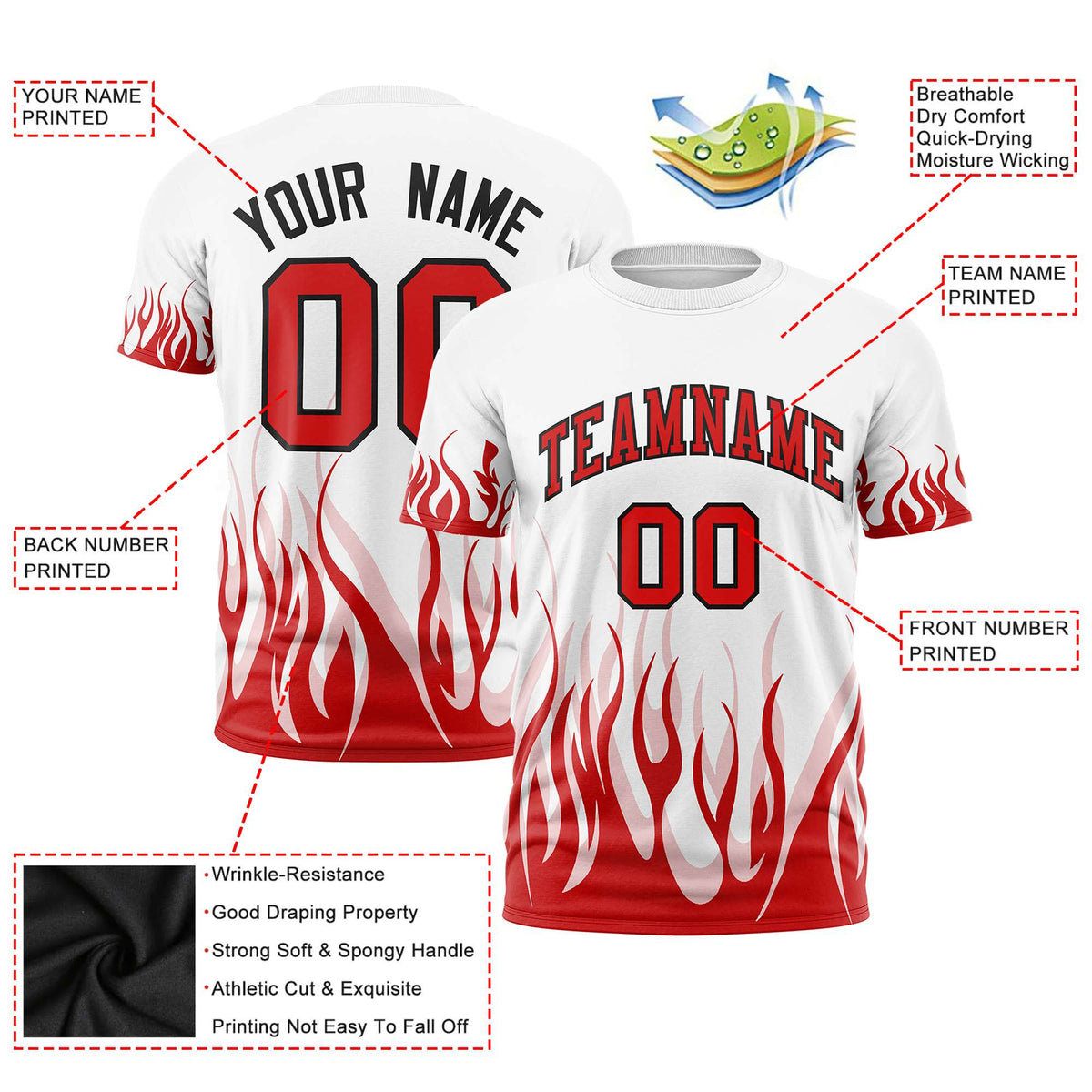 Custom White Red 3D Pattern Design Flame Performance T-Shirt