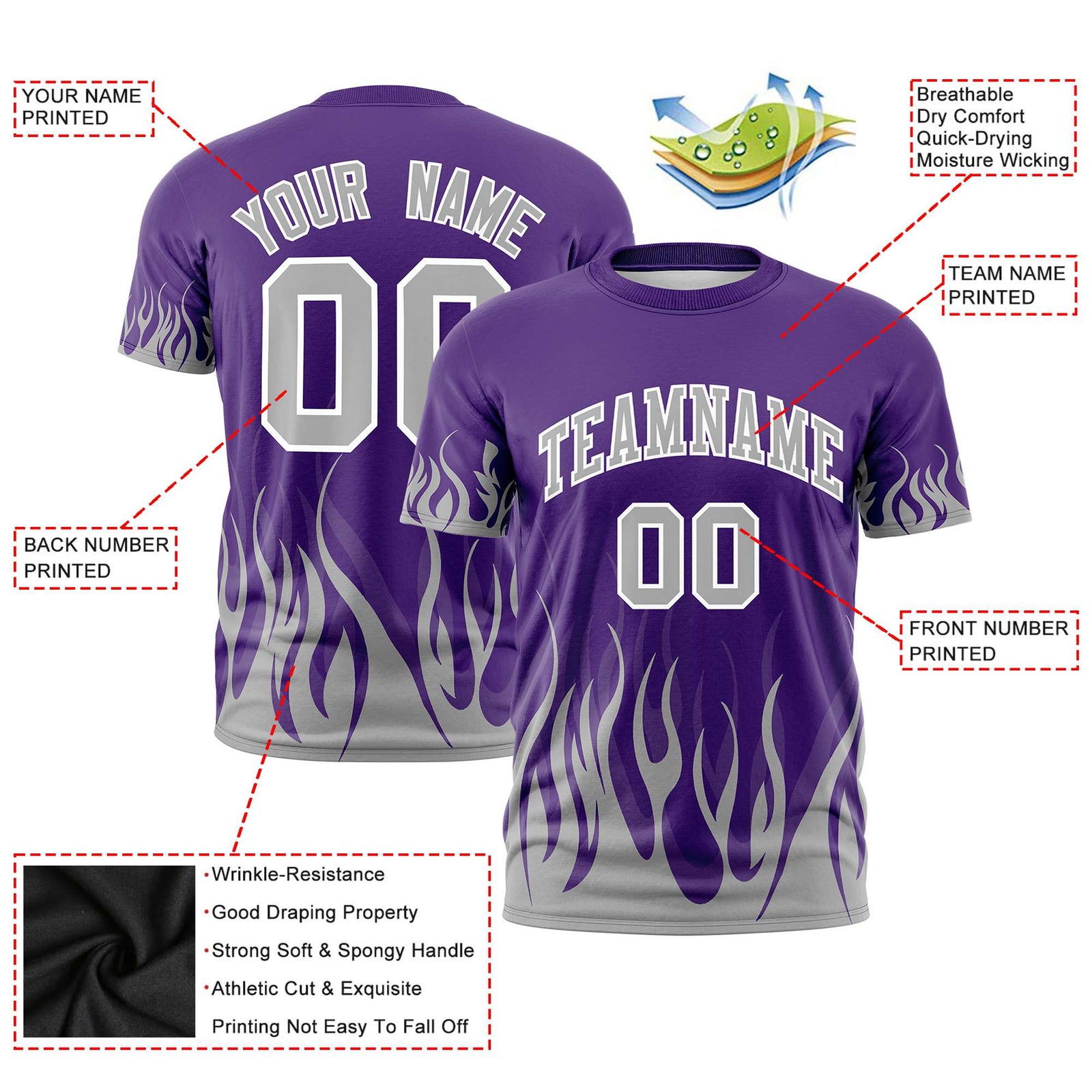Custom Purple Gray 3D Pattern Design Flame Performance T-Shirt