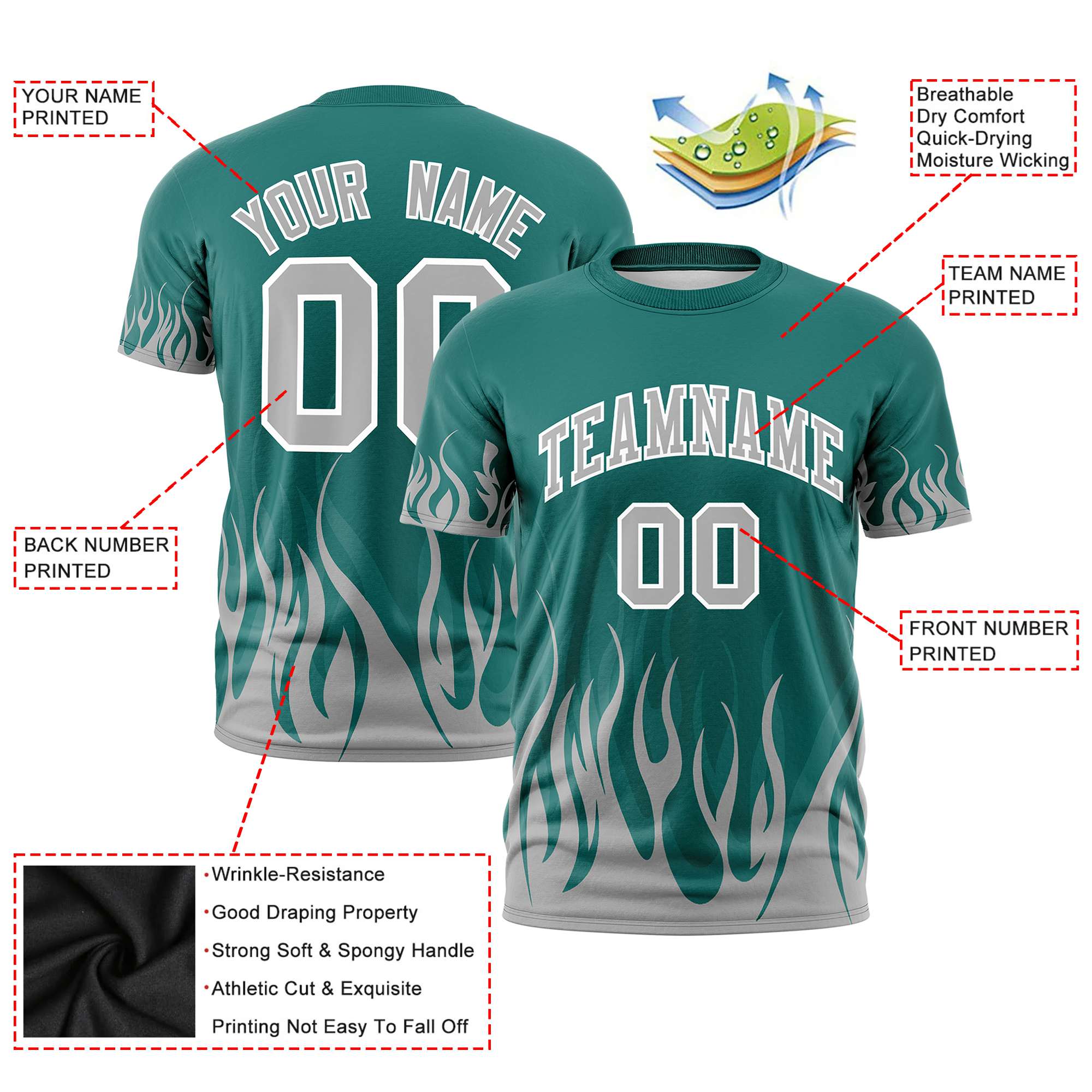 Custom Aqua Gray 3D Pattern Design Flame Performance T-Shirt