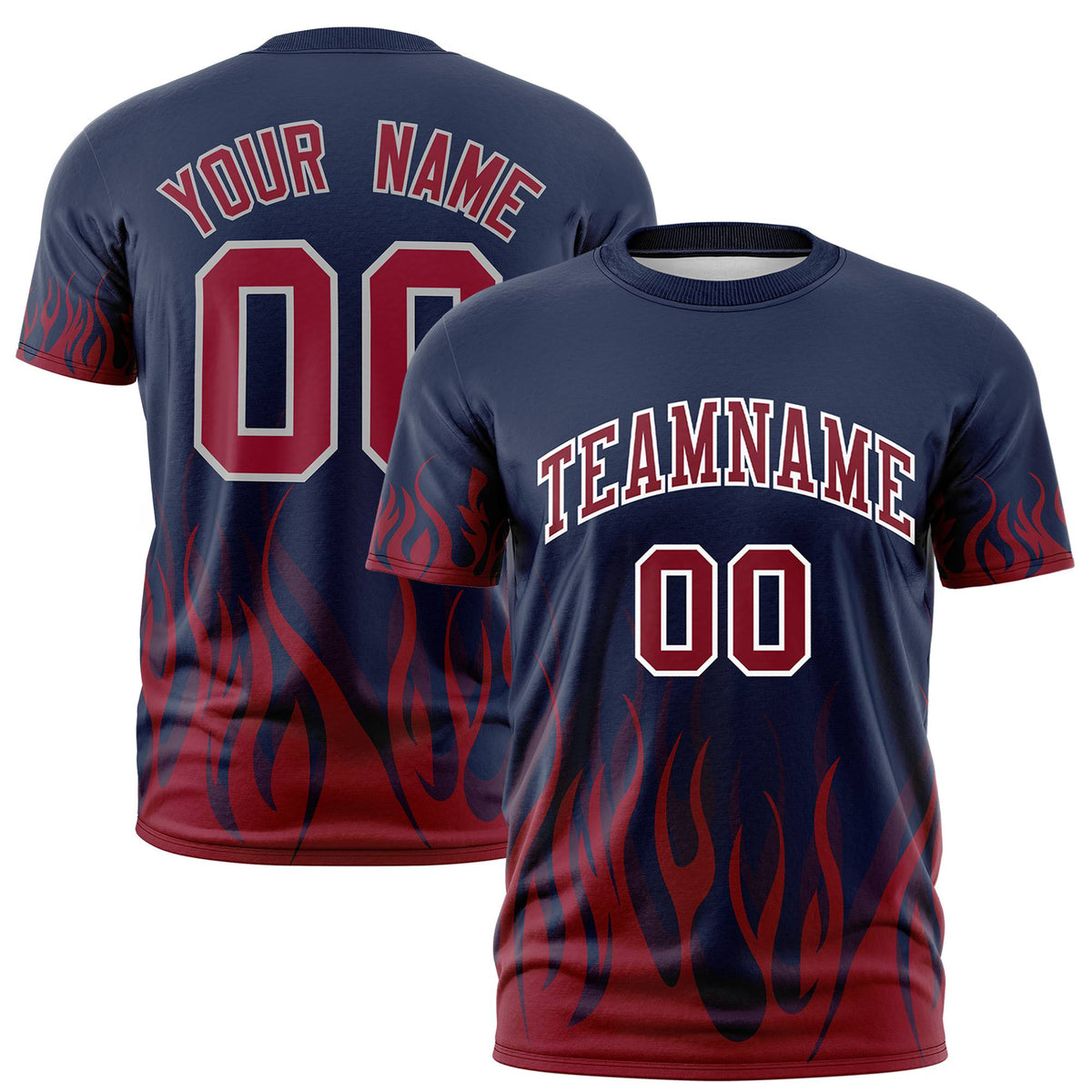 Custom Navy Crimson 3D Pattern Design Flame Performance T-Shirt