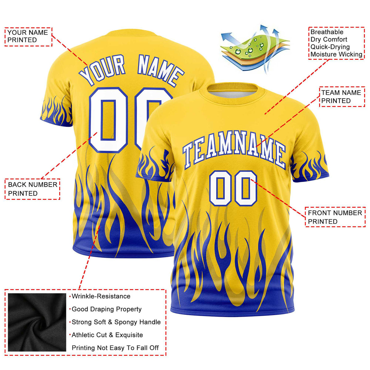 Custom Gold-01 Royal Blue 3D Pattern Design Flame Performance T-Shirt